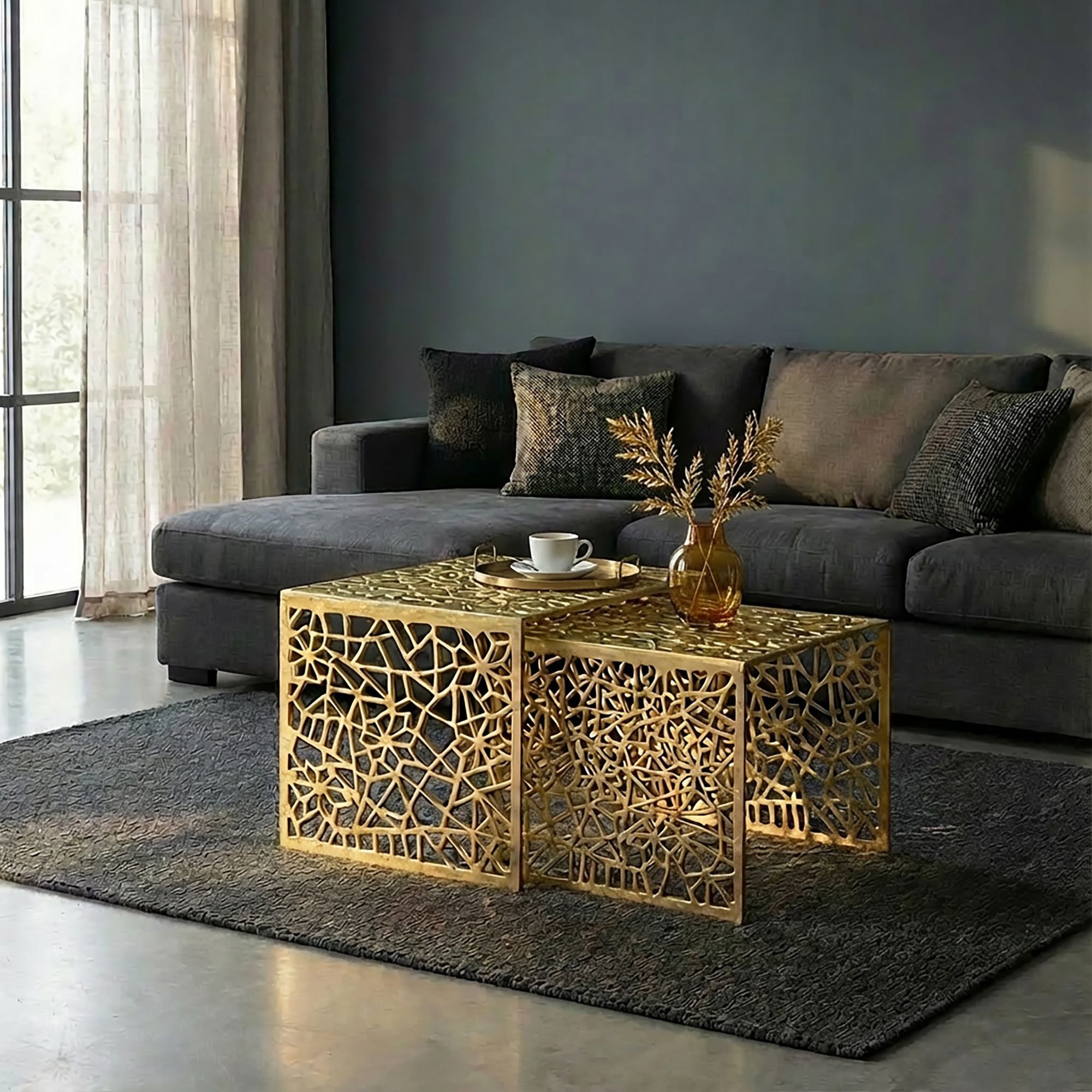 FINEBUY Satztisch FB77353 Couchtisch 2er Set Alu Wohnzimmertisch Beistelltisch Metall (Edles Tischset aus sehr robustem Aluminium), Platzsparendes Möbelstück für Dein Zuhause