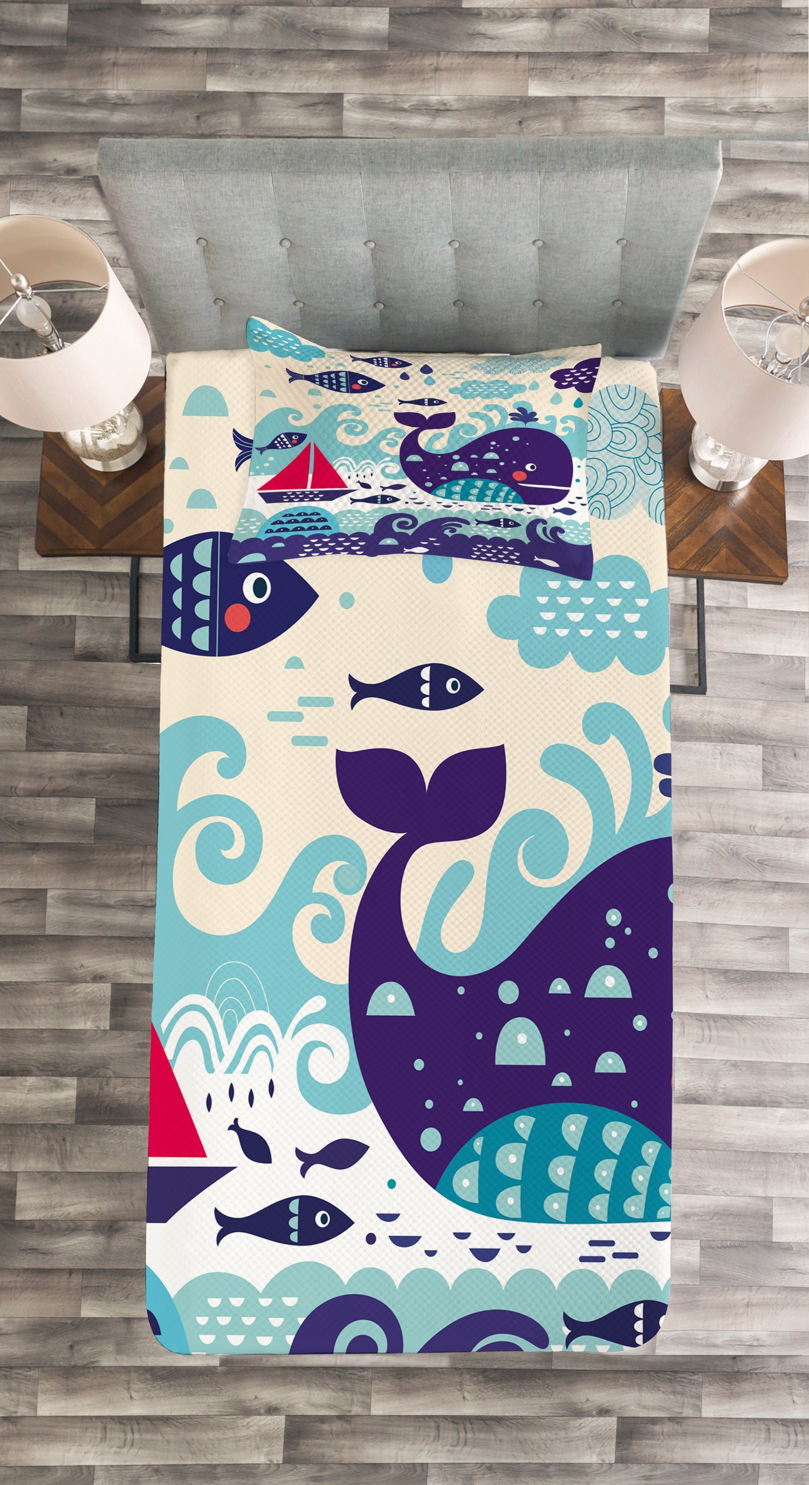 Waschbar, Fisch Abakuhaus, Tagesdecke eines Cartoon-Wal mit Walfisch Kissenbezügen Set
