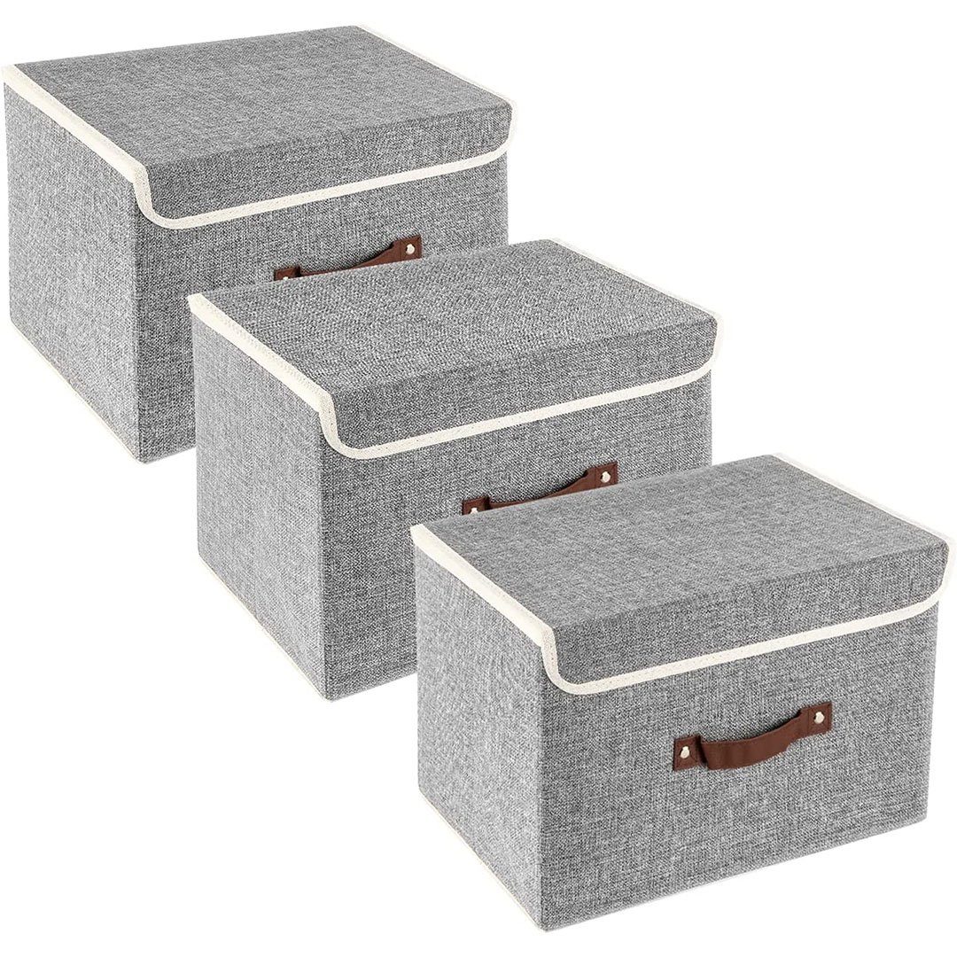 BEARSU Aufbewahrungsbox 3-Stück Aufbewahrungsboxen mit Deckel und Griff,  Faltbarer Aufbewahrungsboxen aus Stoff,Aufbewahrungskiste Set, Faltbare  Box- Grau (1 St)
