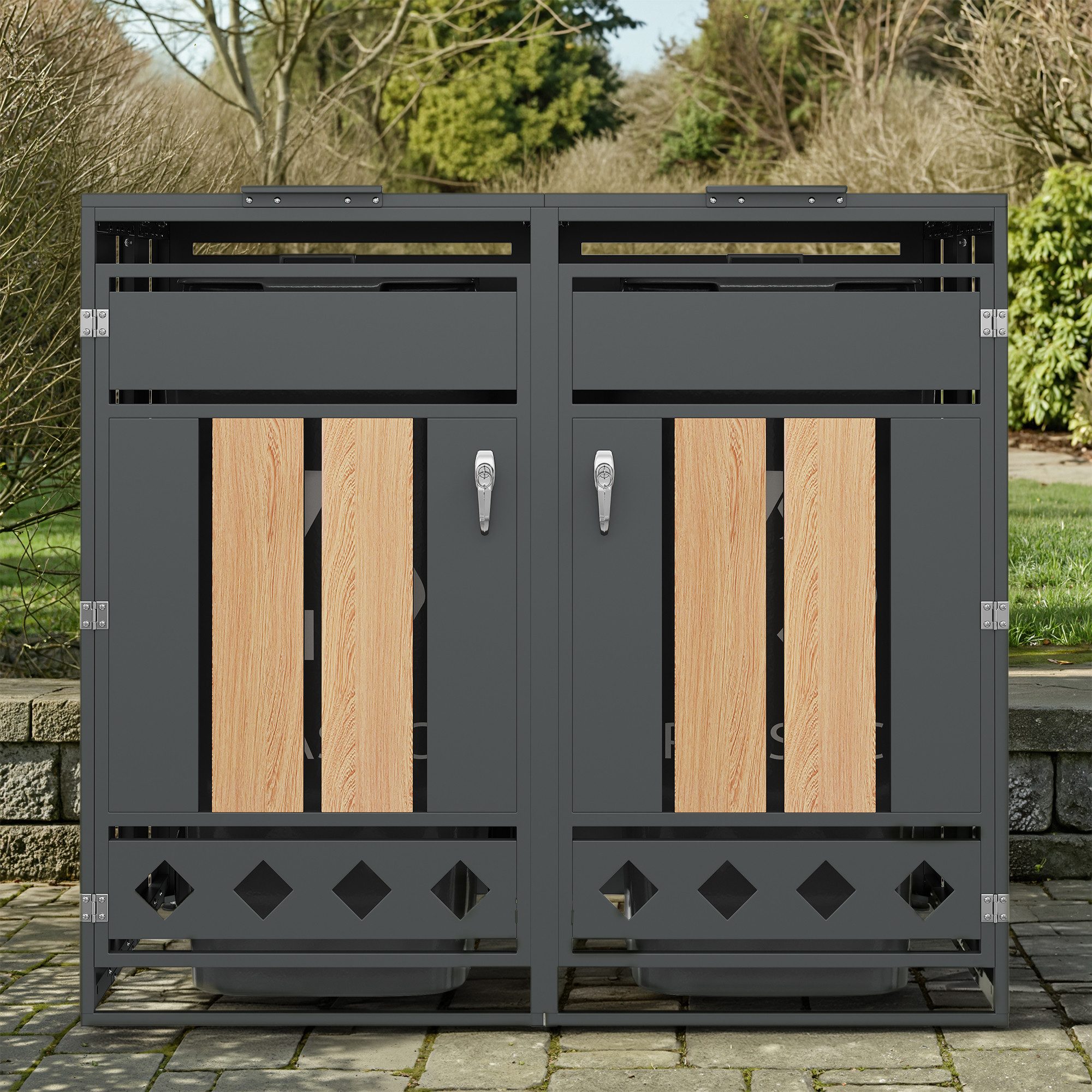 Mülltonnenbox mit Klappdeckel & Holzmaserung, ohne Mülltonne