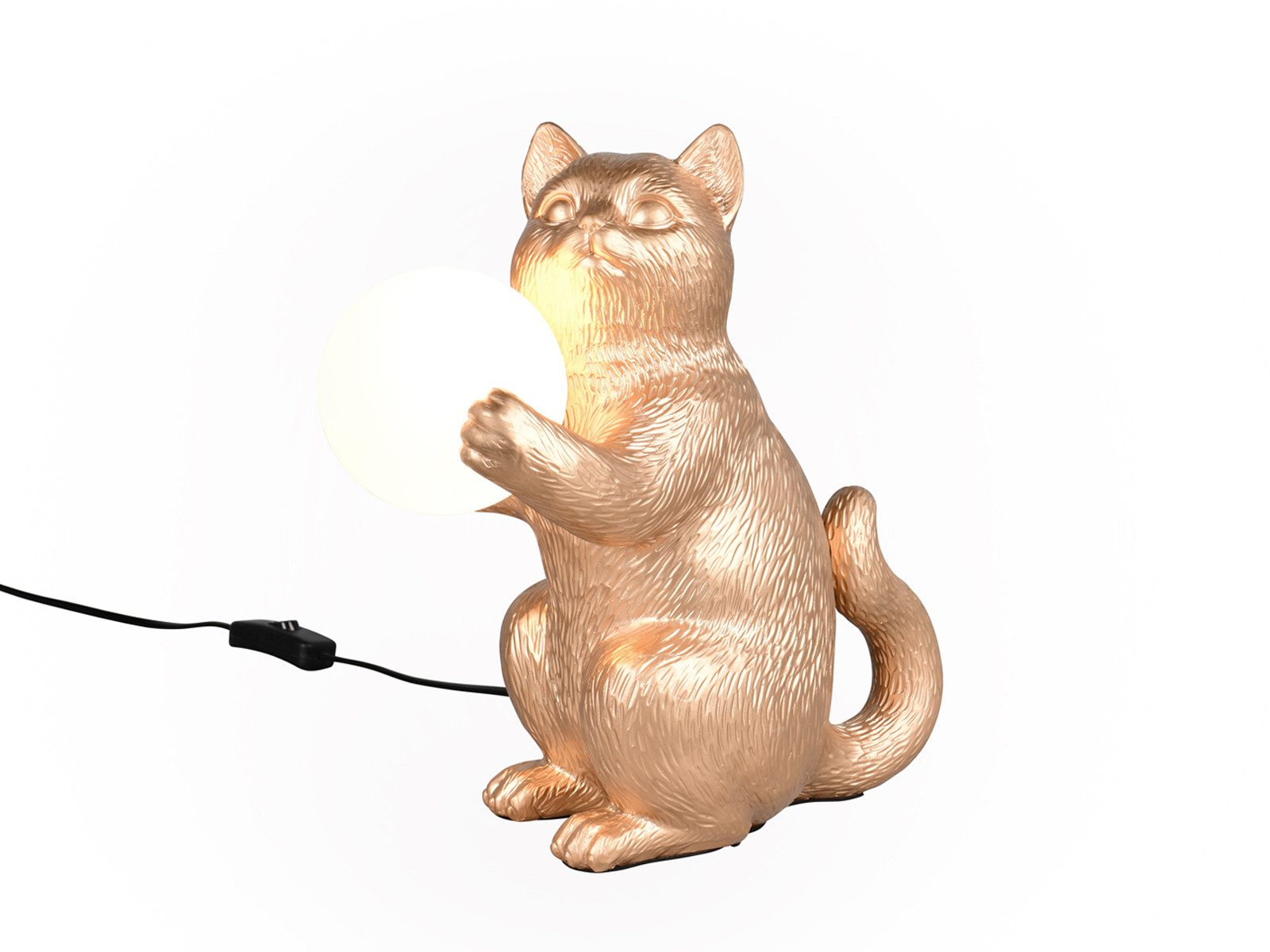 Reality Leuchten LED Nachttischlampe Katzenlampe mit Kugel, Höhe 30cm, Dimmfunktion, LED wechselbar, warmweiß, besondere außergewöhnlich-e Tischlampe ausgefallen-e Tierlampe Gold-en