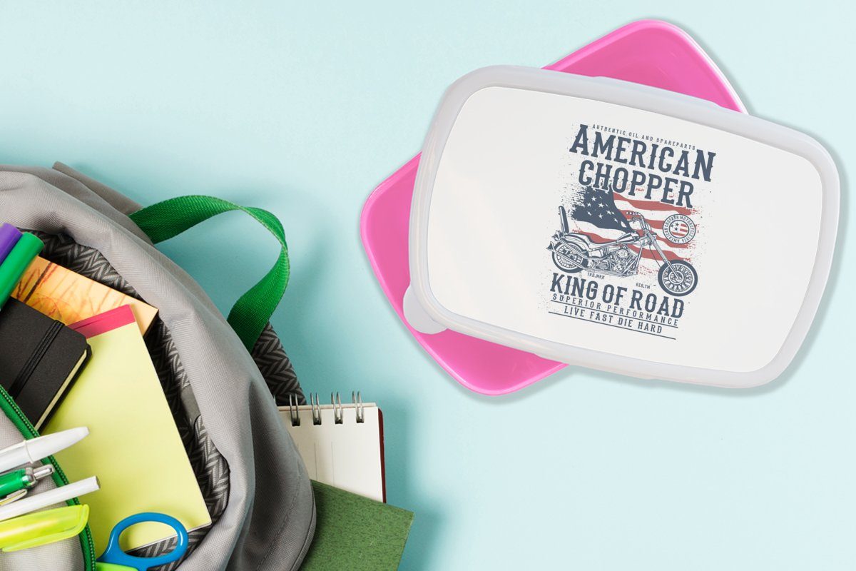 Motorrad Mancave Amerika für Mädchen, - Snackbox, Kunststoff, MuchoWow Brotdose Kinder, (2-tlg), Lunchbox Brotbox Kunststoff - Vintage - - Erwachsene, rosa Flagge,