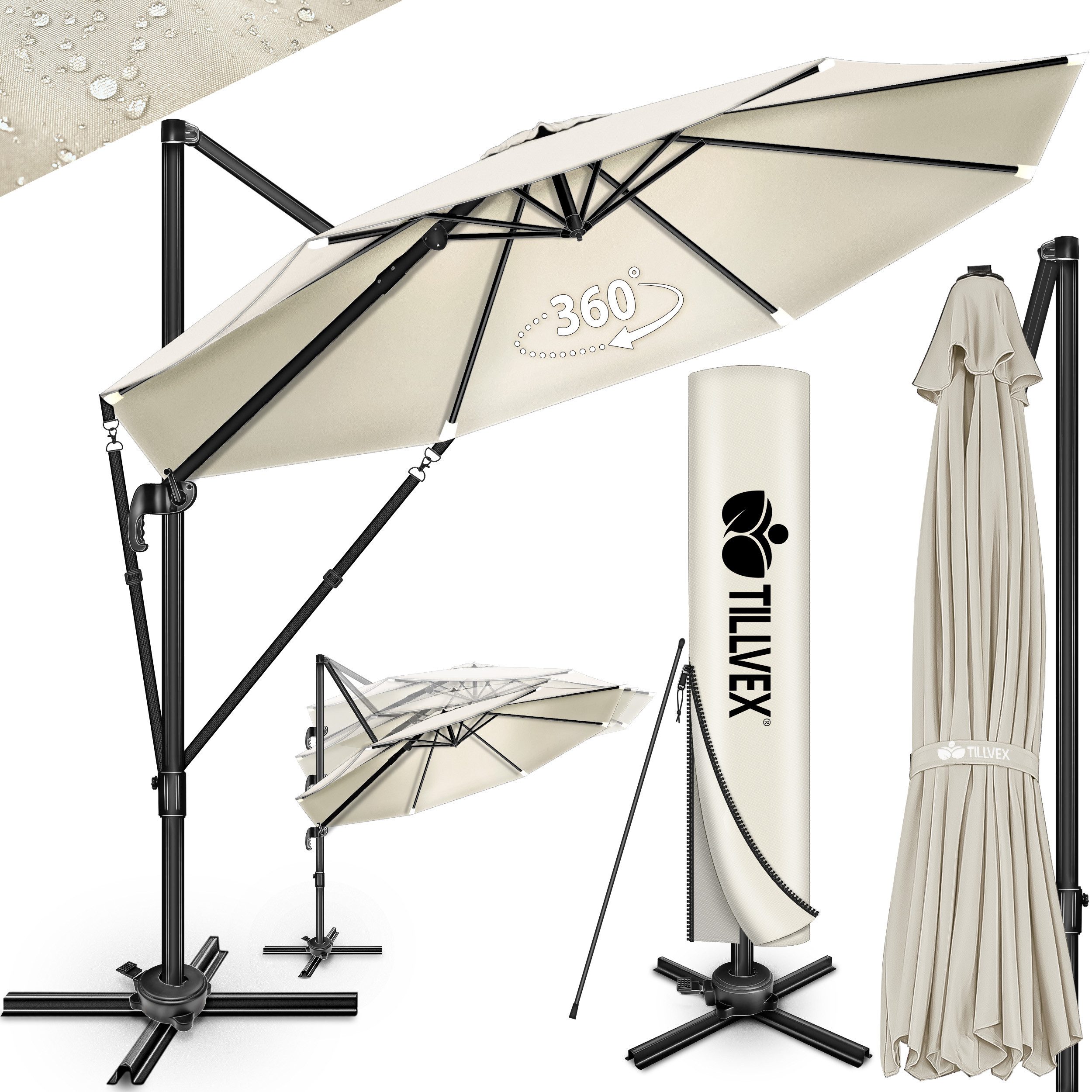 tillvex Sonnenschirm tillvex® Premium Alu Sonnenschirm 330 cm + Abdeckung & Windsicherung, Premium-Series, inkl. Regenabdeckung, Ampelschirm 6-fach Verstellbar mit Kurbel