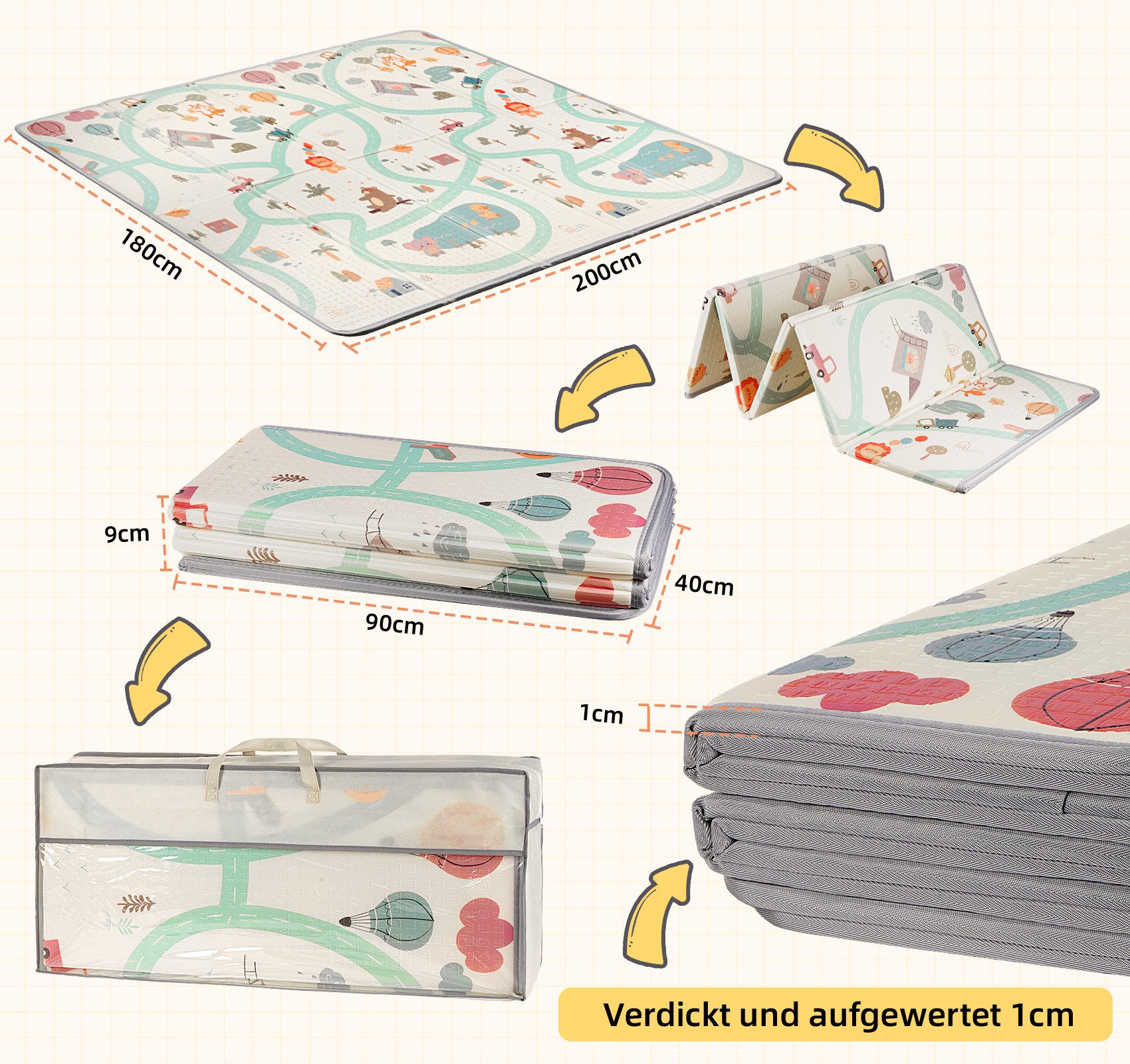 lindahandel Spielmatte Baby Krabbelmatte 200x180x1,5 cm – faltbar, wasserdicht, doppelseitig (Packung, 1-St., 1 × Krabbelmatte+1 × Tragetasche), Weiche Spielmatte mit Lernmuster & Tragetasche für Babys und Kinder