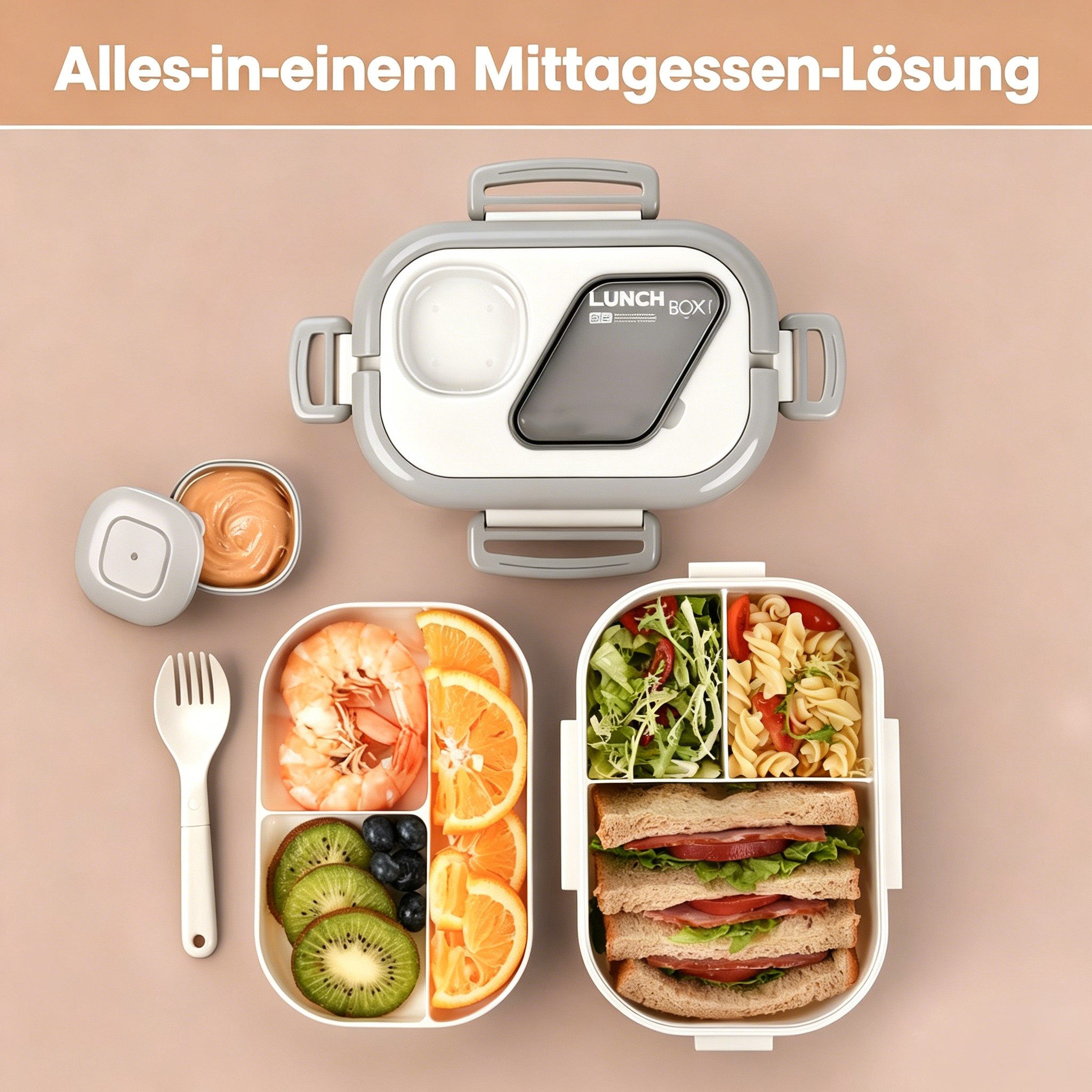 Diwzbyn Lunchbox Bento Box Lunchbox 2-stufig, 6 Fächer, Auslaufsicher, BPA-frei, Mit Saucenbehälter & Besteck, mikrowellengeeignet, 1200 ml