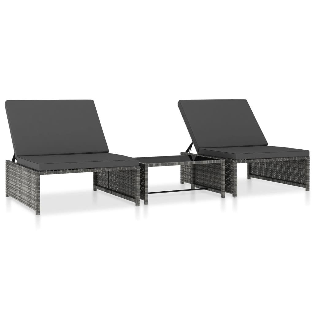 vidaXL Gartenliege Outdoor-Lehnstühle 2 Stk. mit Tisch Grau Poly Rattan, 3 St.
