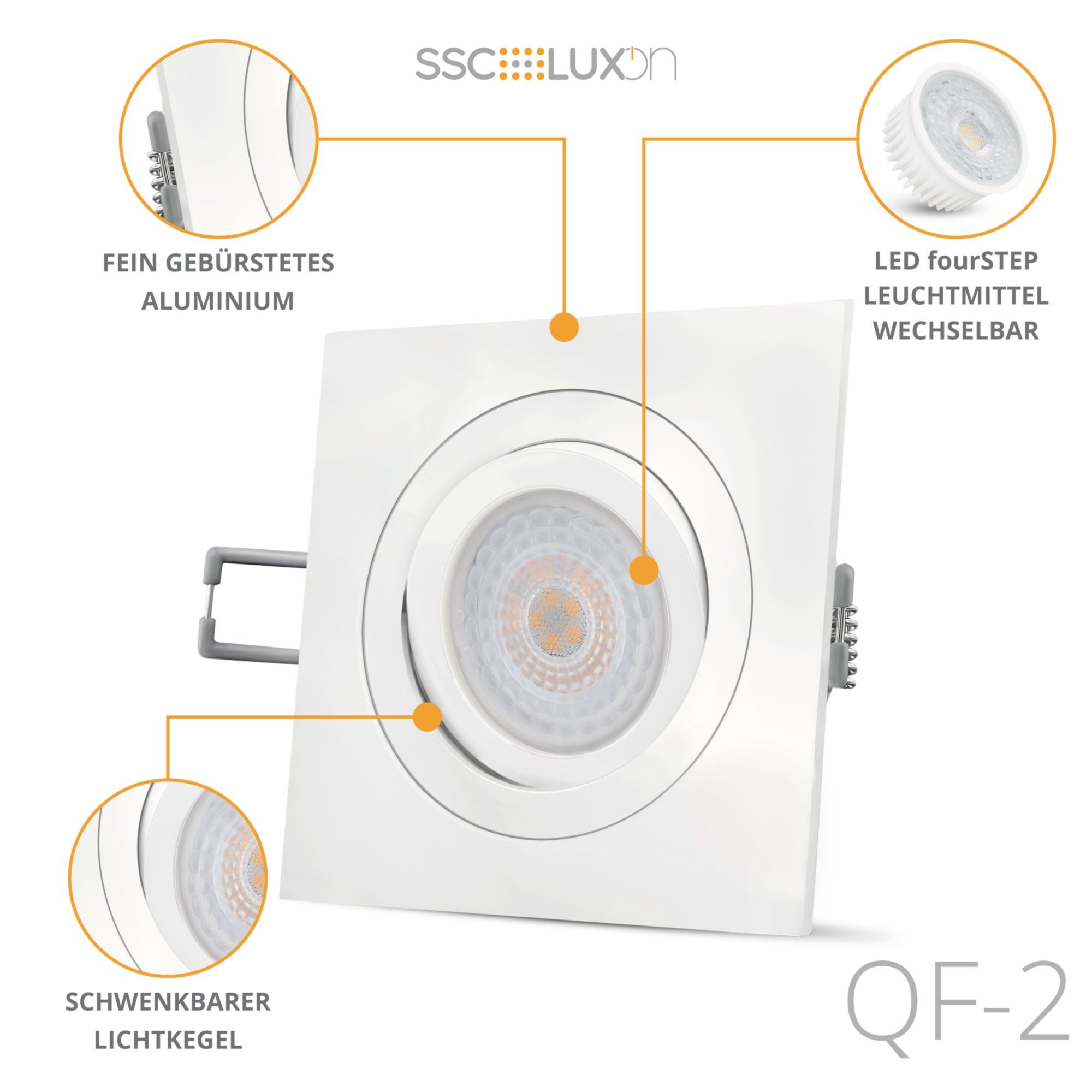 QF-2 SSC-LUXon LED Einbaustrahler LED weiss & flach, schwenkbar Einbaustrahler mit eckig fourSTEP