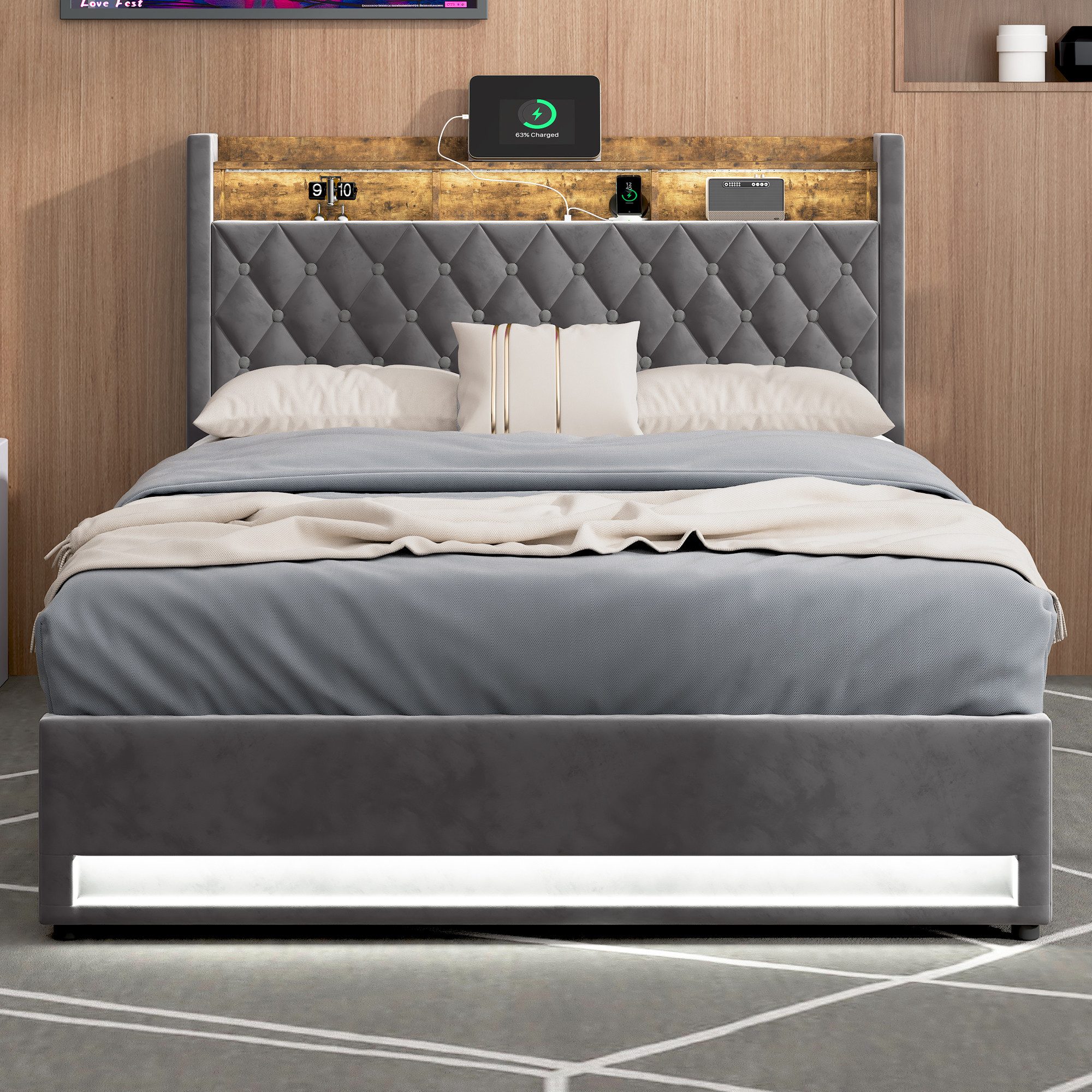 STILVORA Polsterbett mit bettkasten,Stauraumbett Boxspringbett 160×200 mit USB & LED-Licht (Funktionbett mit Hydraulikstange,Tragfähigkeit: 200kg, Strapazierfähig und schmutzabweisend,verschiedenen Farben,Metallrahmen), Bettgestell mit Lattenrost,Bequemer Samtstoff,ohne matratze