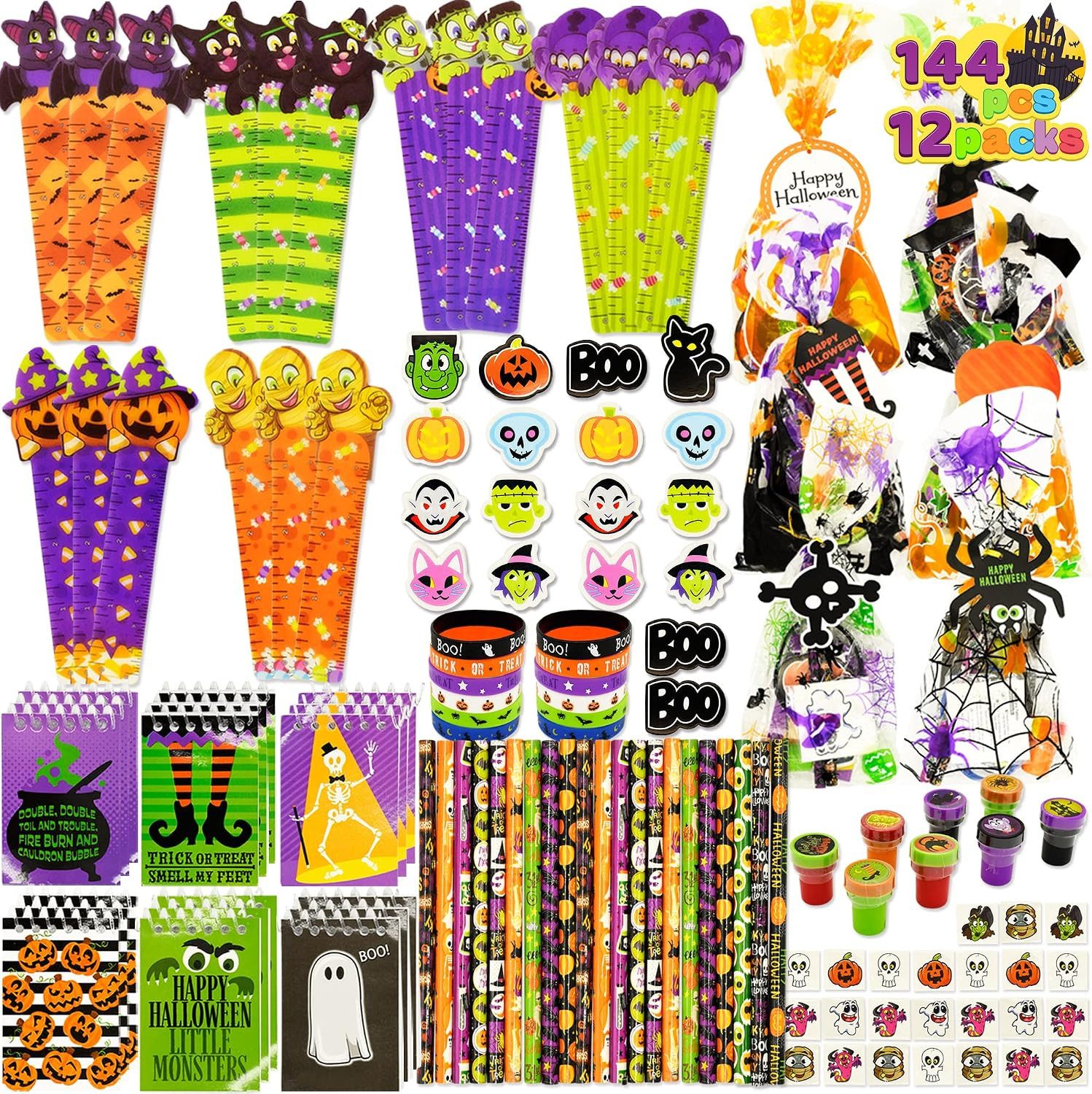 JOYIN Kreativset JOYIN 12 vorverpackte Halloween-Goodie-Bags mit Schreibwaren und Spiel