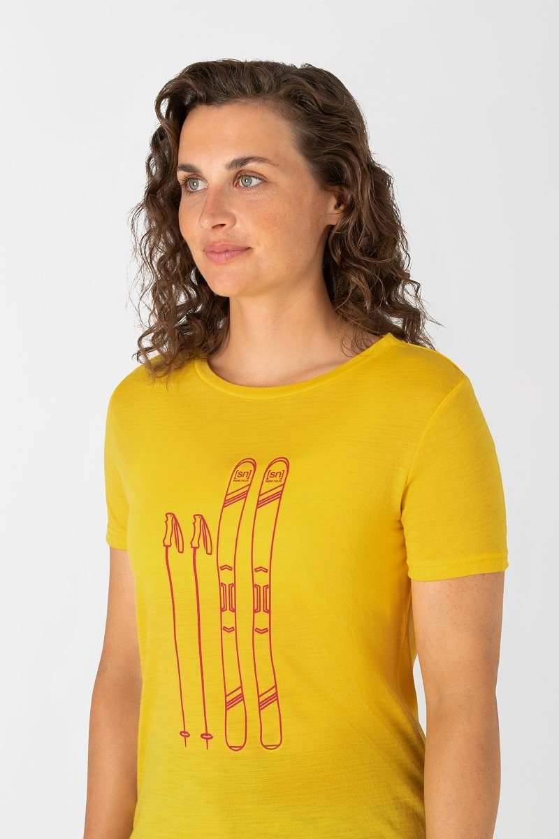 W Illuminating/Fuchsia bequemer Merino-Materialmix TEE SKIING T-Shirt Print-Shirt Merino SUPER.NATURAL