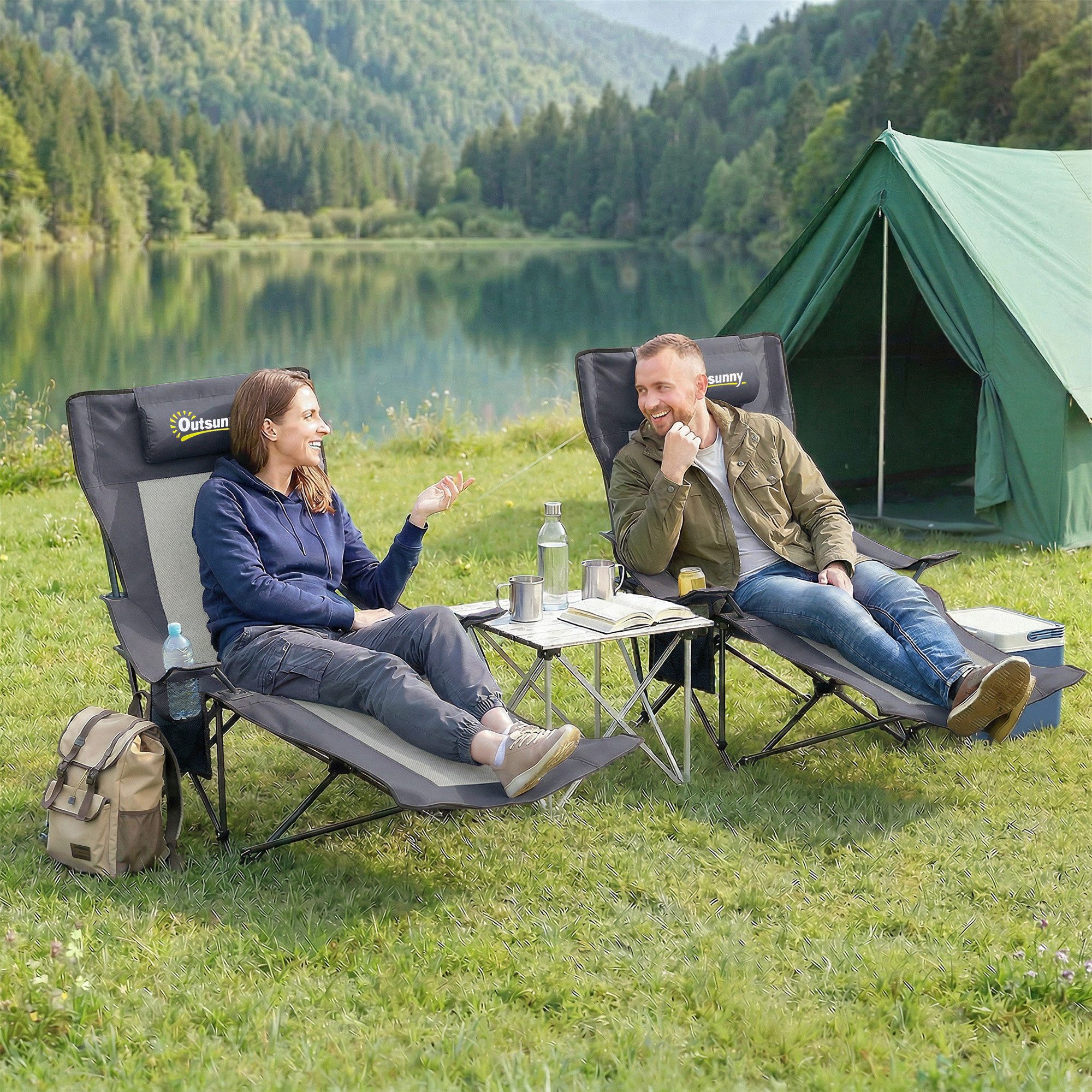Outsunny Klappstuhl Angelstuhl mit Fußablage Getränkehalter Gartenstuhl (Campingstuhl, 2 St), Liegestuhl bis 120 kg für Erwachsene Dunkelgrau
