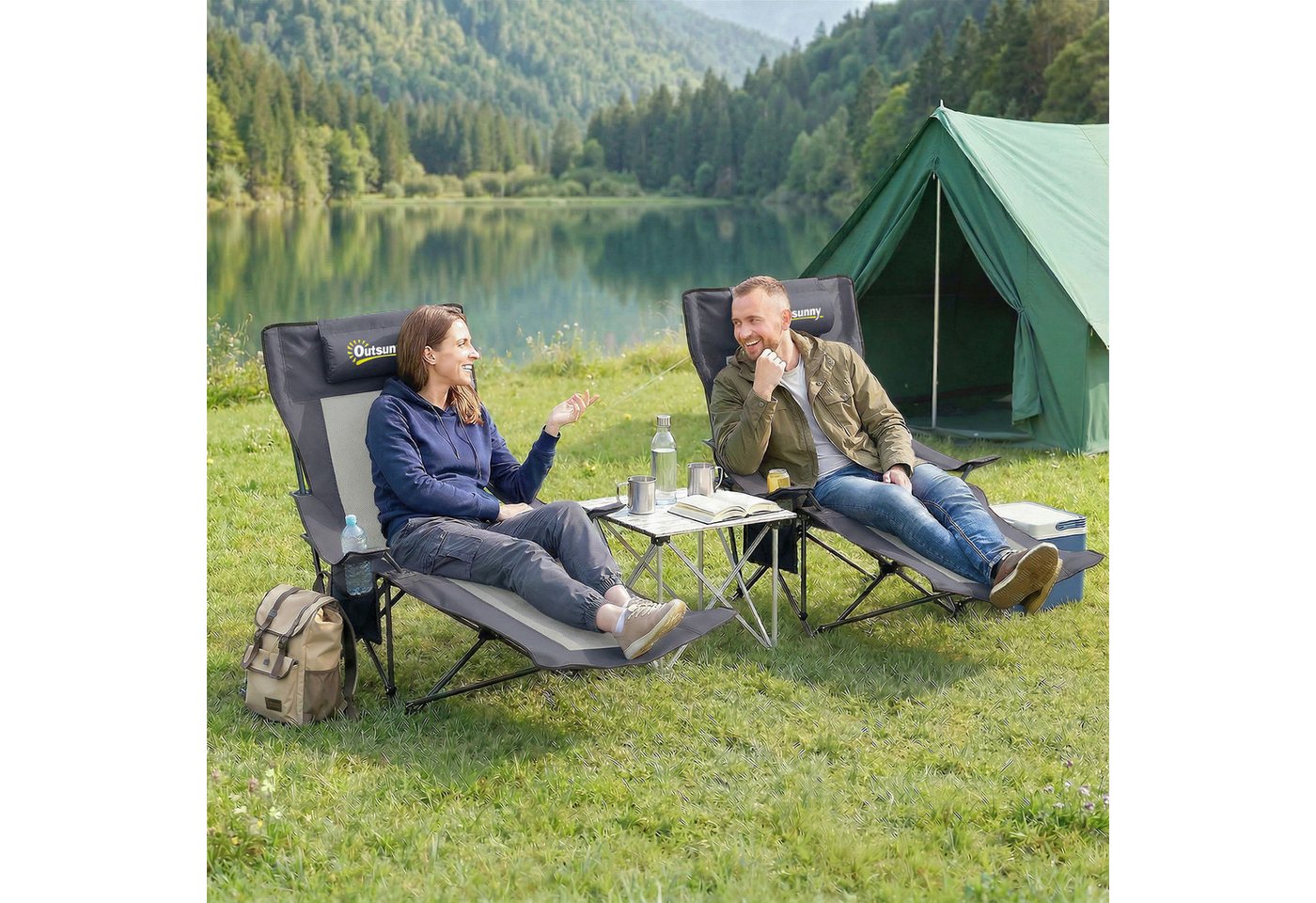Outsunny Klappstuhl Angelstuhl mit Fußablage Getränkehalter Gartenstuhl (Campingstuhl, 2 St), Liegestuhl bis 120 kg für Erwachsene Dunkelgrau