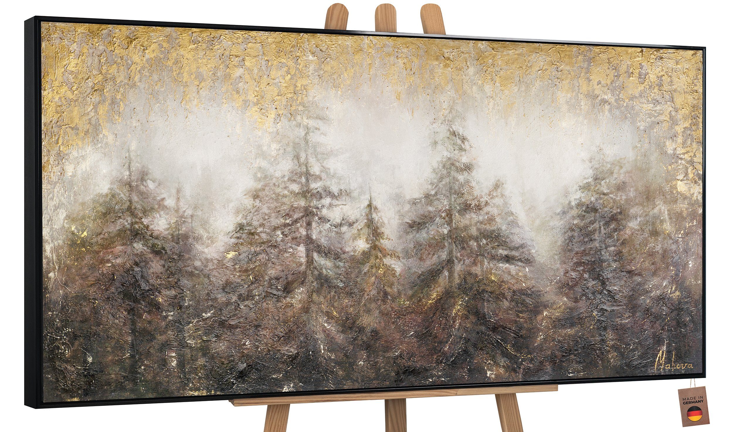 YS-Art Gemälde Morgen's im Wald, Landschaft, Baum Wald Tannen Leinwand Bild Handgemalt Mit Rahmen in Schwarz