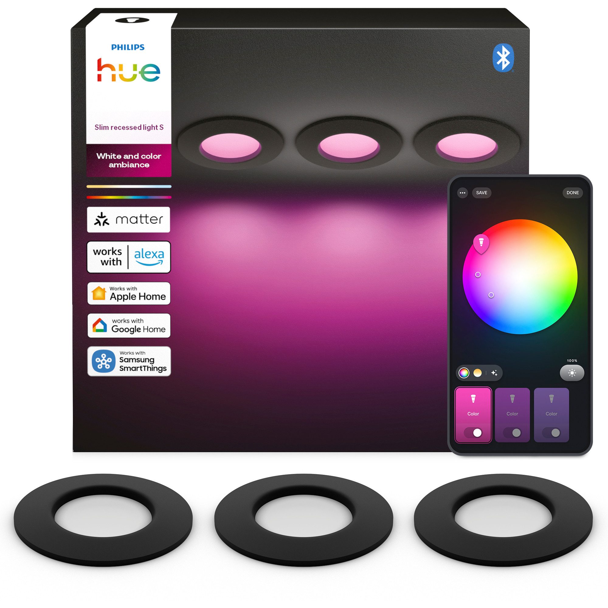 Philips Hue LED Deckenspot Slim Downlight Einbauleuchte, Abschaltautomatik, Bluetooth, CCT - über Fernbedienung, Dimmer, Dimmfunktion, Farbsteuerung, Farbwechsel, Leuchtdauer einstellbar, Memoryfunktion, Nachtlichtfunktion, RGB, Smart Home, Timerfunktion, Weckerfunktion, dimmbar über Fernbedienung, erweiterbar, getrennt schaltbar, mehrere Helligkeitsstufen, LED fest integriert, RGB, 1000–20000K, auf 0,2% dimmbar, App‑ & Sprachsteuerung