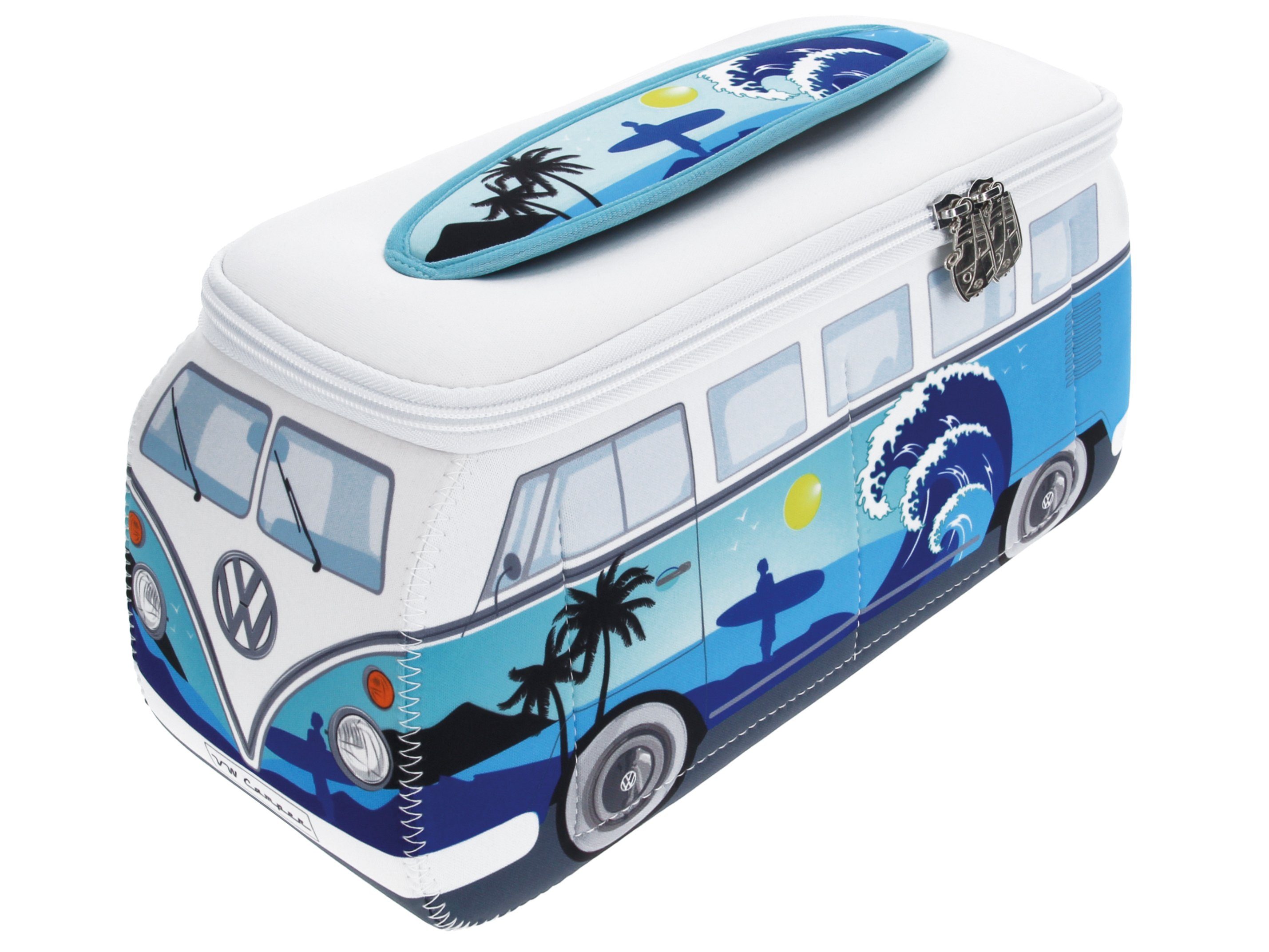 VW Collection by BRISA Kulturbeutel Volkswagen Neopren Schminktasche, Reisebeutel, Kosmetiktasche im T1 Bulli Bus Design Surf/Blau