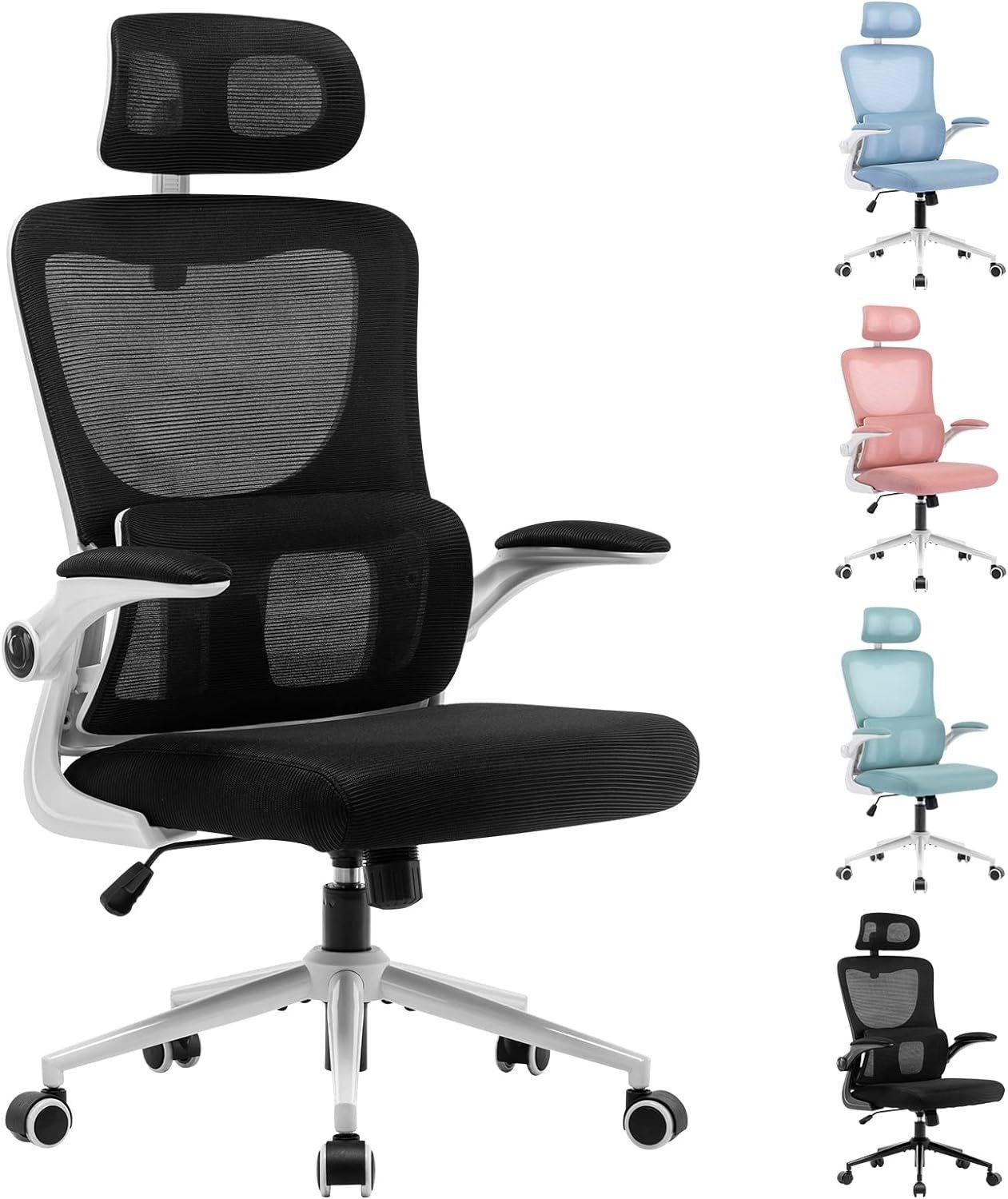 LIYURUI Bürostuhl (Stuhl mit Lordosenstütze/gepolsterter hochklappbarer Armlehne), Büro,Verstellbarer Schreibtischstuhl mit Kopfstütze atmungsaktiv 136Kg