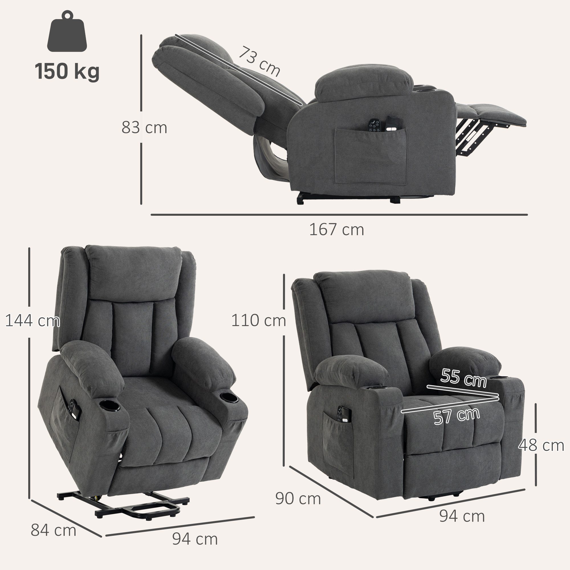 HOMCOM Relaxsessel Aufstehsessel mit Massage und Heizung, Dual-Motor, Dunkelgrau (Set, 1-St., 1), 2 Motoren, Aufstehhilfe, Massage, Wärme – Bild 3 von 5
