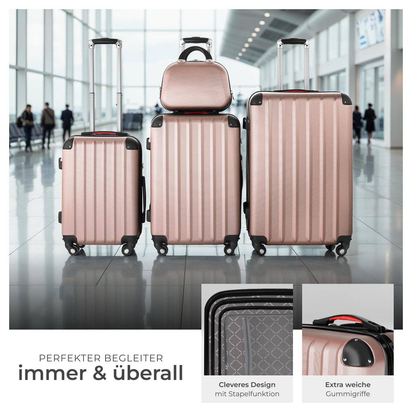 tectake Trolley Reisekoffer-Set aus robustem ABS-Kunststoff, mit TSA-Zahlenschloss, 4 Rollen, 3 Trolleys und Beauty-Case, mit Teleskopgriff, abnehmbare Rollen