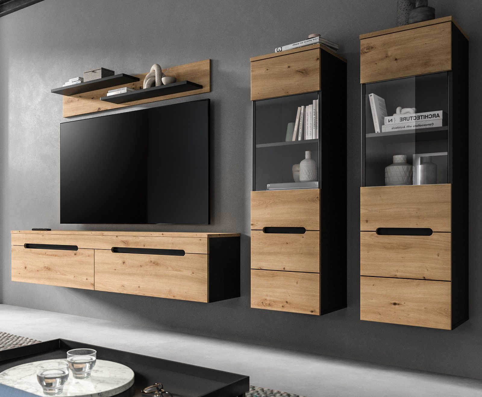 Inn.Furn Wohnwand Cooper, (Schrankwand in Eiche Artisan und Grau, 4-teilig, 270 cm), hängend oder stehend, Soft-Close