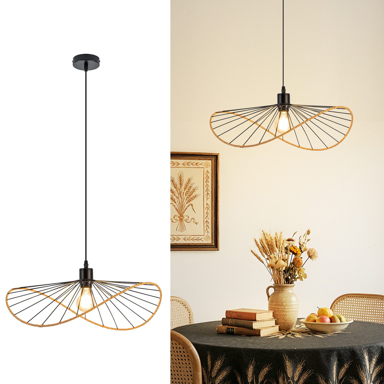 ZMH Pendelleuchte Schwarz Esstisch Hängelampe E27 Retro Wohnzimmerlampe Boho Ø 50cm, ohne Leuchtmittel, Deckenlampe, E27, Hängeleuchte, Hängelampe