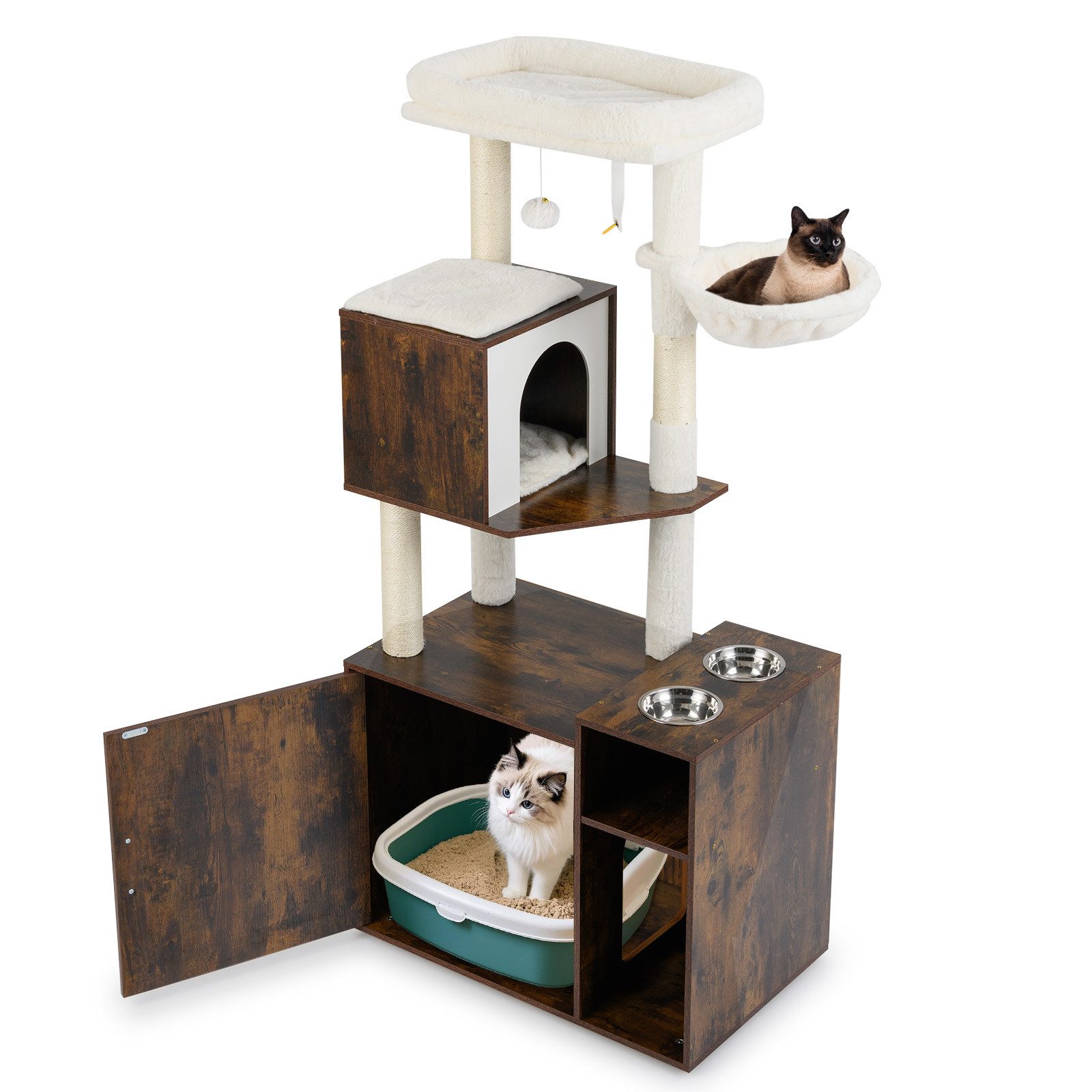COSTWAY Kratzbaum, Katzenschrank für Katzentoilette, Katzenbaum mit Katzenklo Schrank