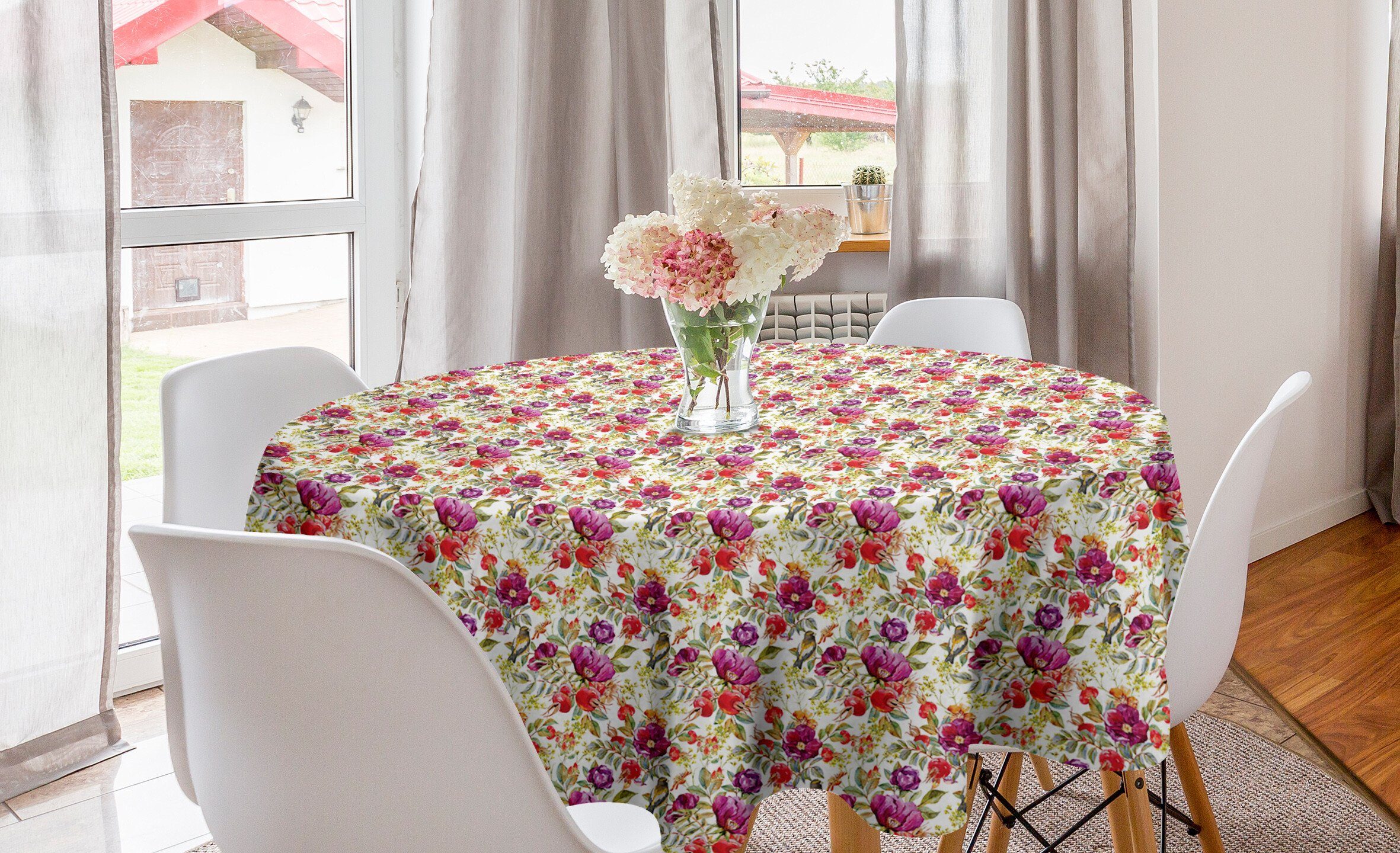 Abakuhaus Tischdecke Kreis Tischdecke Abdeckung für Esszimmer Küche Dekoration, Natur Pink Lila Blumen