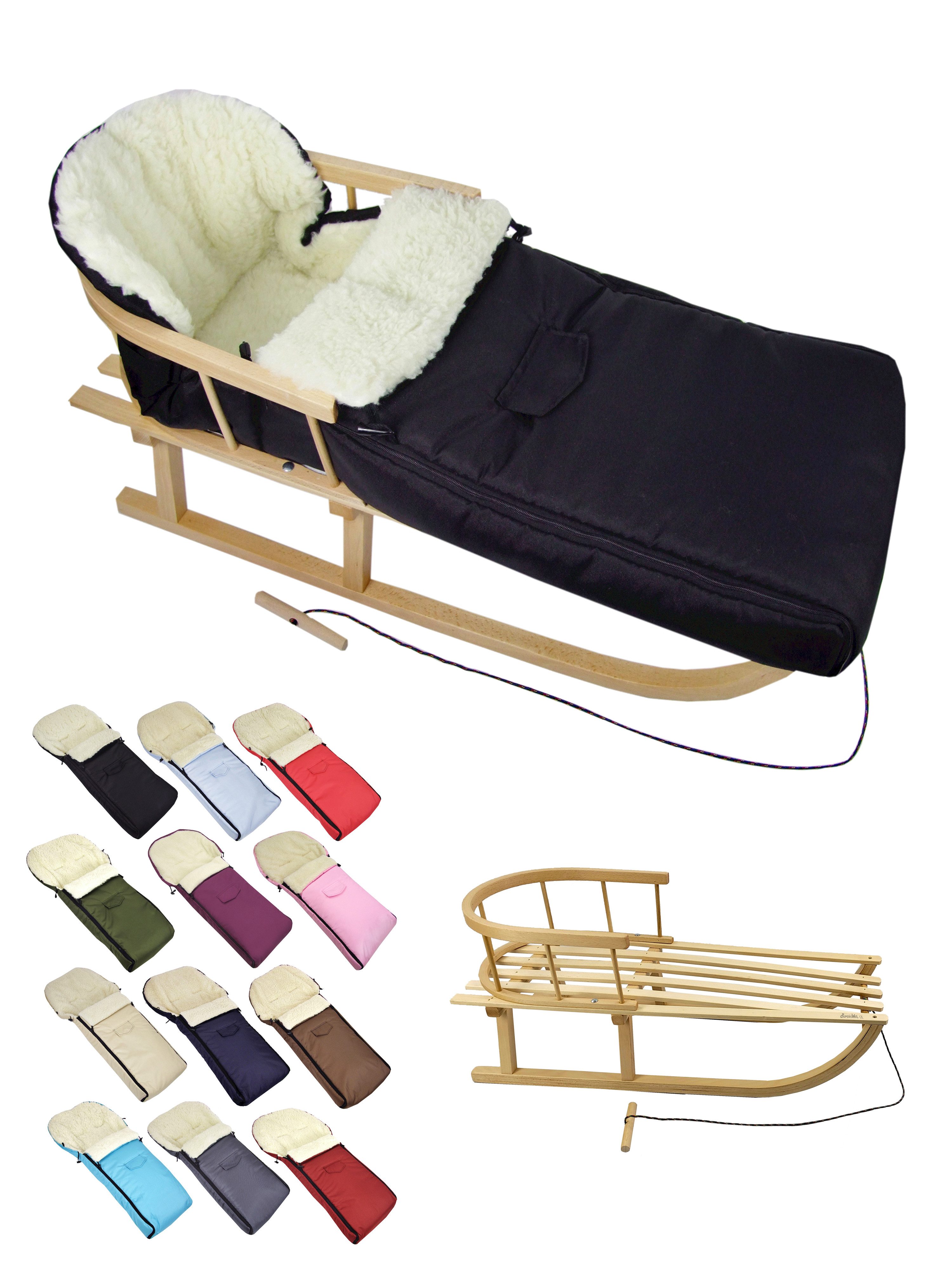 Schlitten CE-HOLZSCHLITTEN mit Rückenlehne Zugleine + WINTERFUßSACK Wolle 108cm