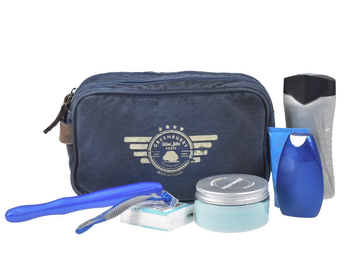 Greenburry Kulturbeutel Aviator Blue Edition, used Look Canvas mit Lederbesatz, Kulturtasche, Waschtasche, Reisen