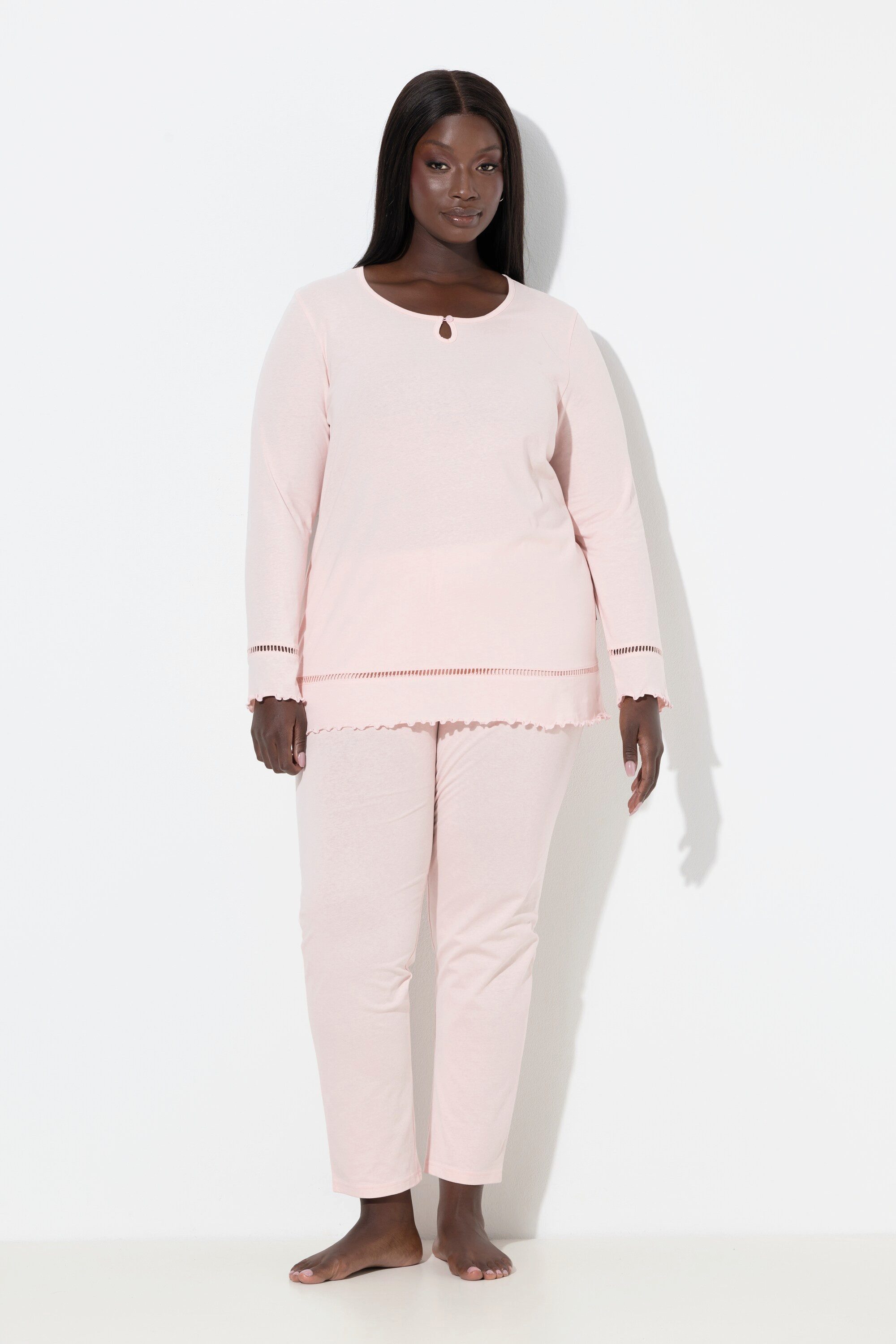 Ulla Popken Pyjama Pyjama Hohlsaum Wellenkanten Rundhals Langarm günstig online kaufen