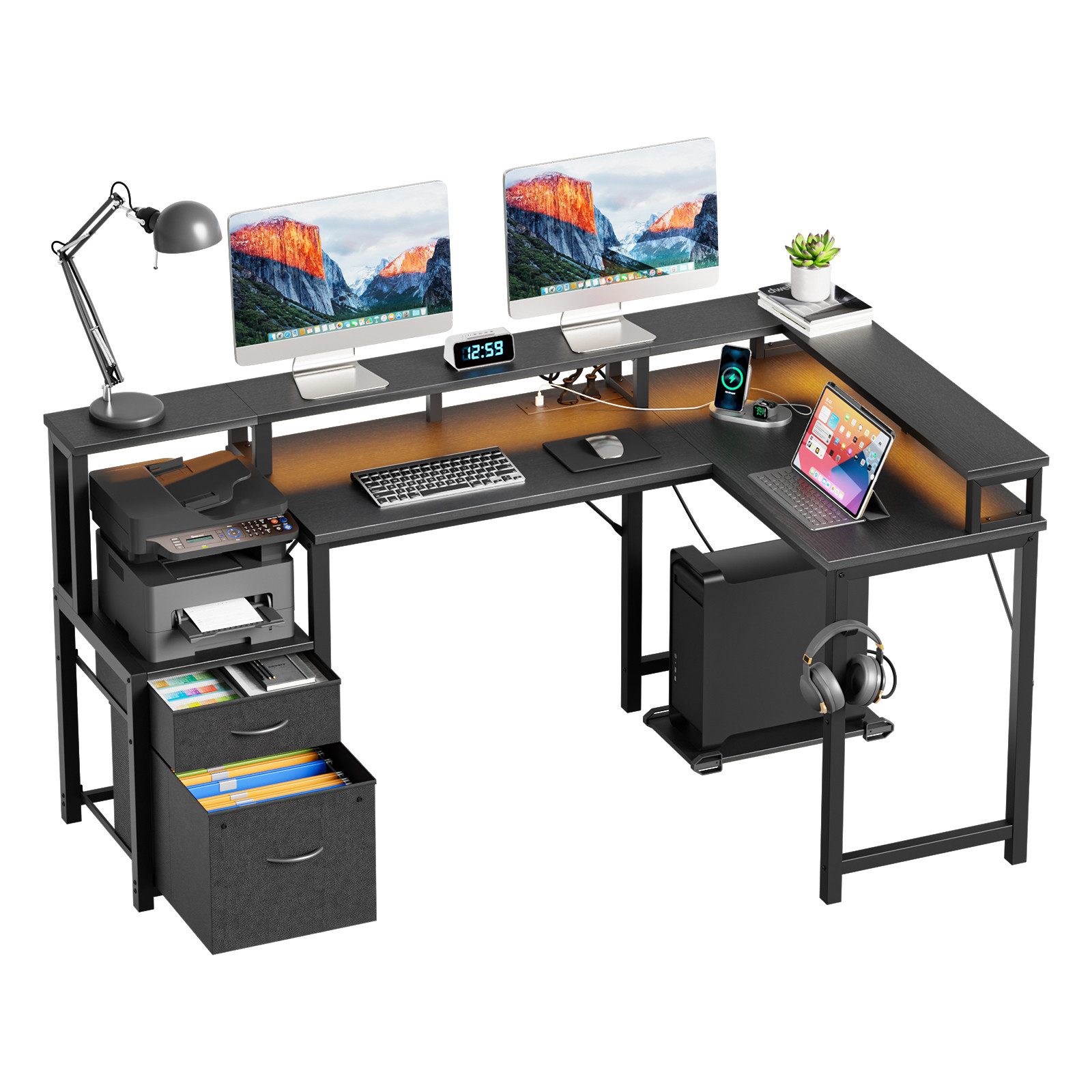 YOUDENOVA Schreibtisch Computertisch Eckschreibtisch L-Form, 168x100cm mit Schubladen (1-St), Gaming Tisch mit LED, Steckdose & USB-Ladeanschluss