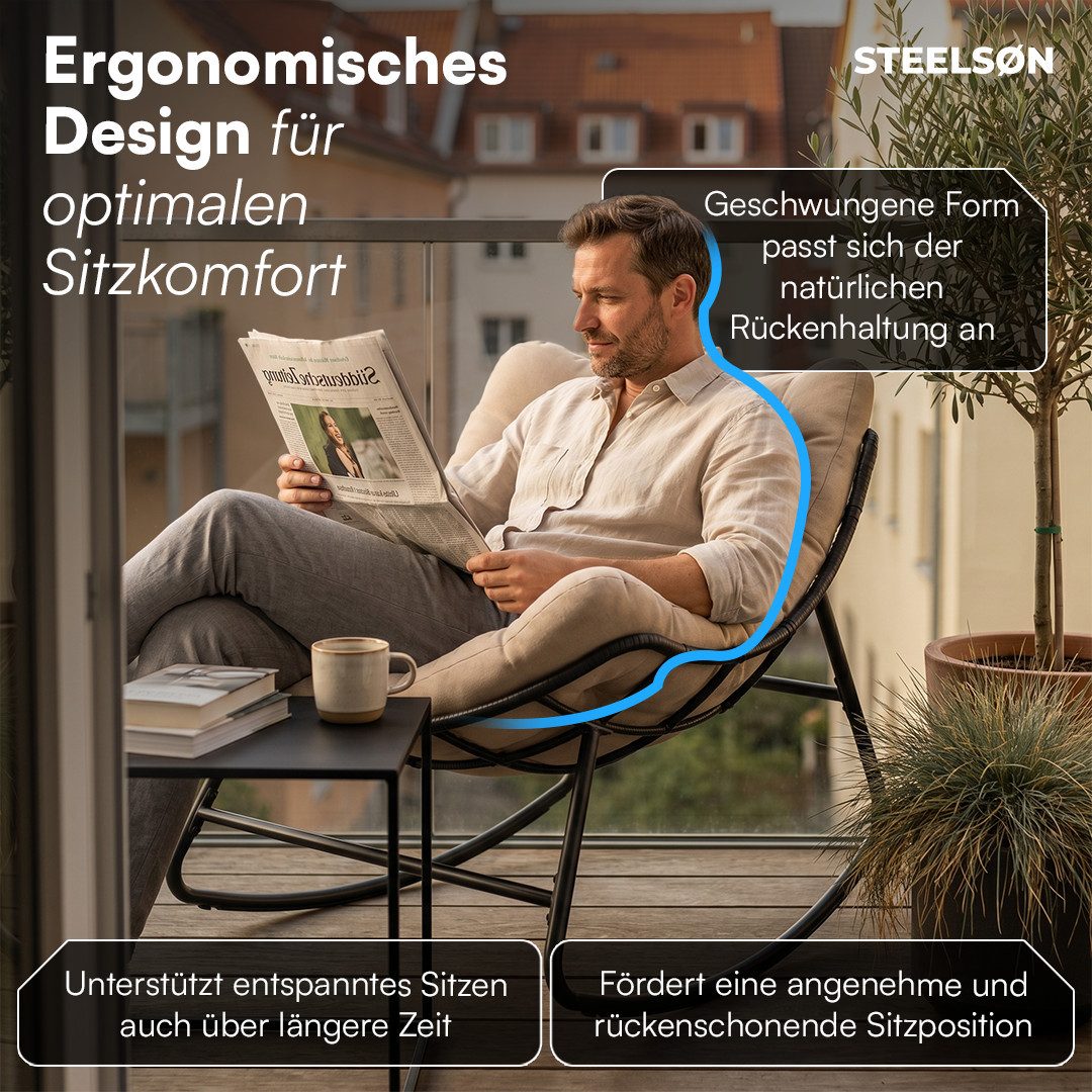 STEELSØN Schaukelstuhl Veldora Rattan XXL Schaukelsessel mit Sitzpolstern für Innen & Außen (Beige, Stahlgestell 75x100x65 cm), Relaxsessel wetterfest & rutschfest, Lounge Sessel bis 125 kg