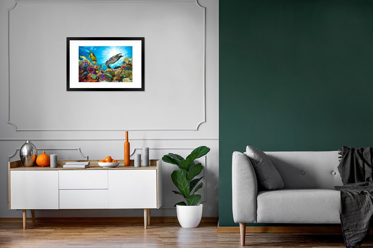 MuchoWow Poster Schildkröte - Meer Gerahmtes - mit Poster, Koralle, Kunstdruck, (1 St), Bilderrahmen Rahmen, Schwarzem