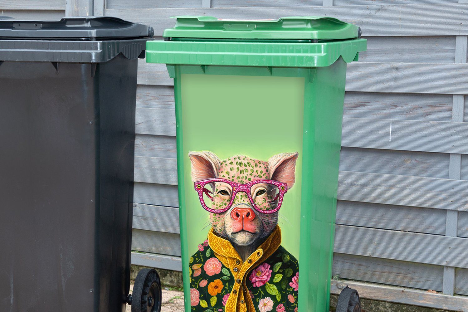 MuchoWow Wandsticker Brille - Rosa - Abfalbehälter Container, - Schwein Sticker, Mülltonne, Blumen (1 - Tier St), Mülleimer-aufkleber