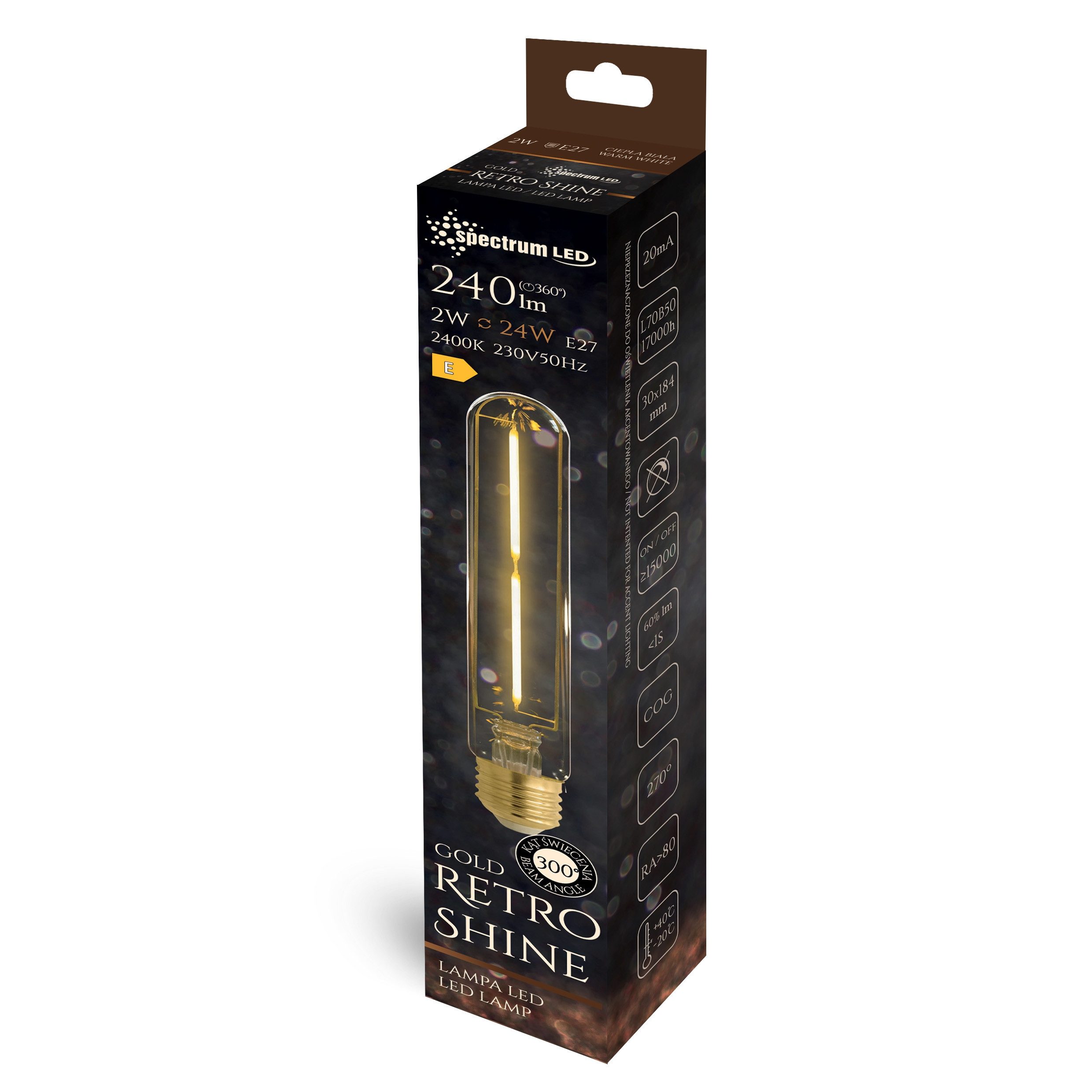 Spectrum LED-Leuchtmittel LED E27 T30 Röhrenform Gold 2W = 24W Retroshine 240lm Stab Warm 2400K, E27, Warmweiß, Röhrenform Gold, Stabform
