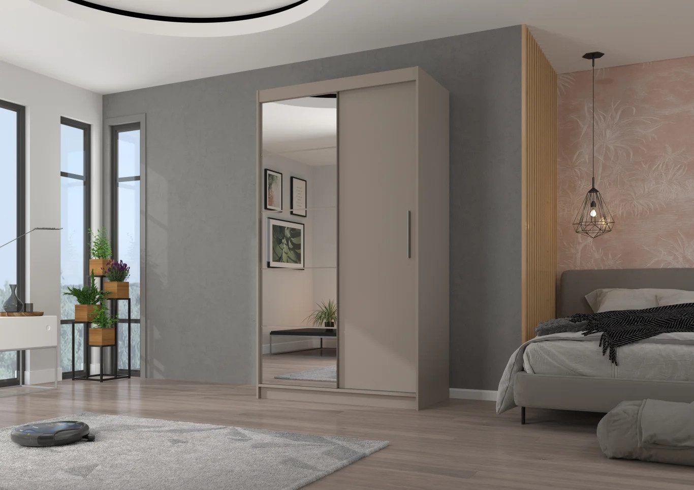 MOEBLO Schiebetürenschrank LUZERN (mit Spiegel – 120/150/180 cm, Weiss oder Kaschmir, Kleiderschrank mit Schiebetüren, modern & platzsparend, Schwebetürenschrank Schrank Garderobe Schiebtüren Schlafzimmer Wohnzimmerschrank) (BxHxT): 120/150/180 x 215 x 59 cm