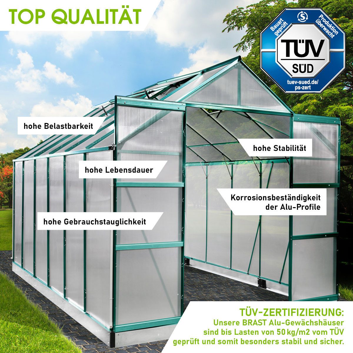 BRAST Gewächshaus ALU mit Fundament rostfrei 380x250x235cm TÜV geprüft, BxTxH: 250 x 380 x 235 cm, wetterfestes hochwertiges Aluminium, Temperaturbeständig, Wärmedämmend, Lichtbrechend & UV-stabilisiert