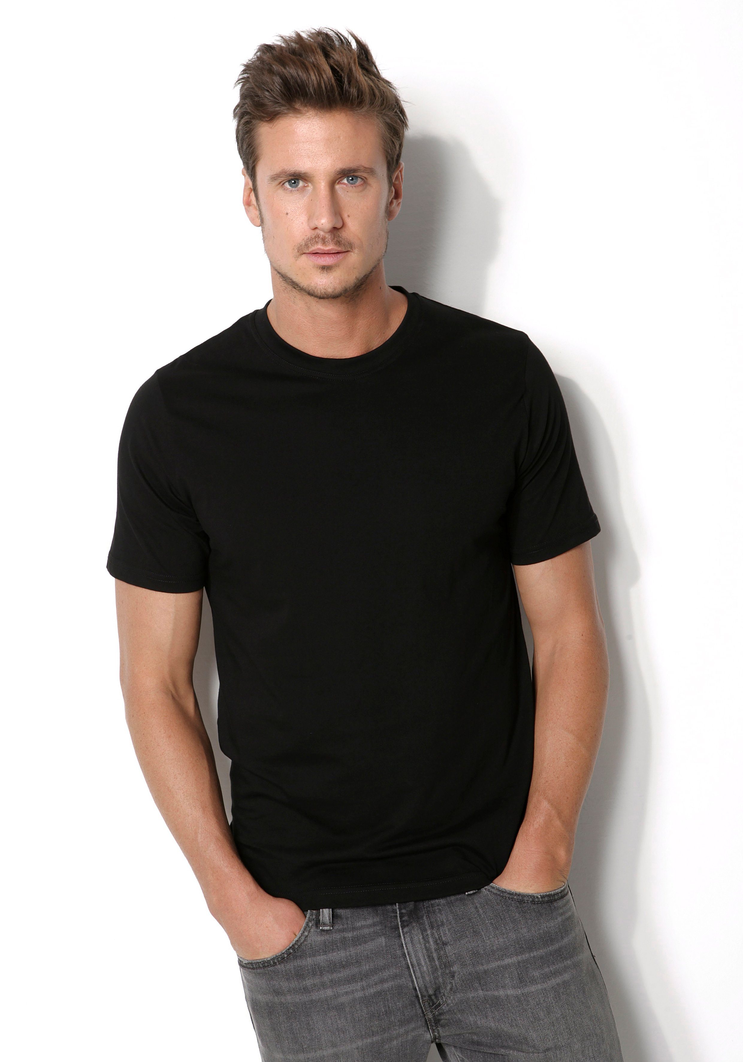 Baumwolle aus 3-tlg) Unterziehshirt T-Shirt schwarz H.I.S perfekt (Packung, als
