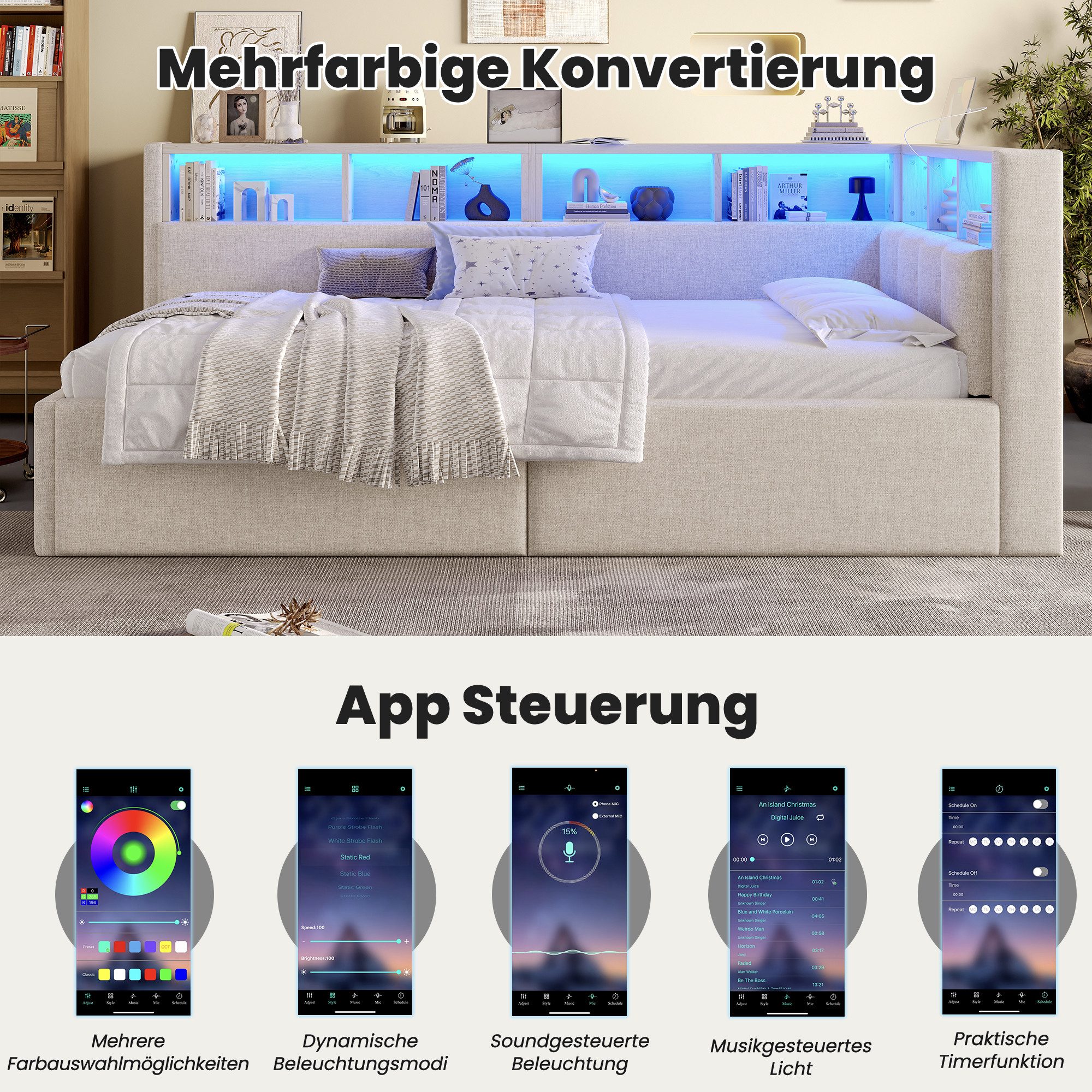 REDOM Schlafsofa integrierte USB-/Typ-C-Ports und farbiger LED-Streifenbele günstig online kaufen