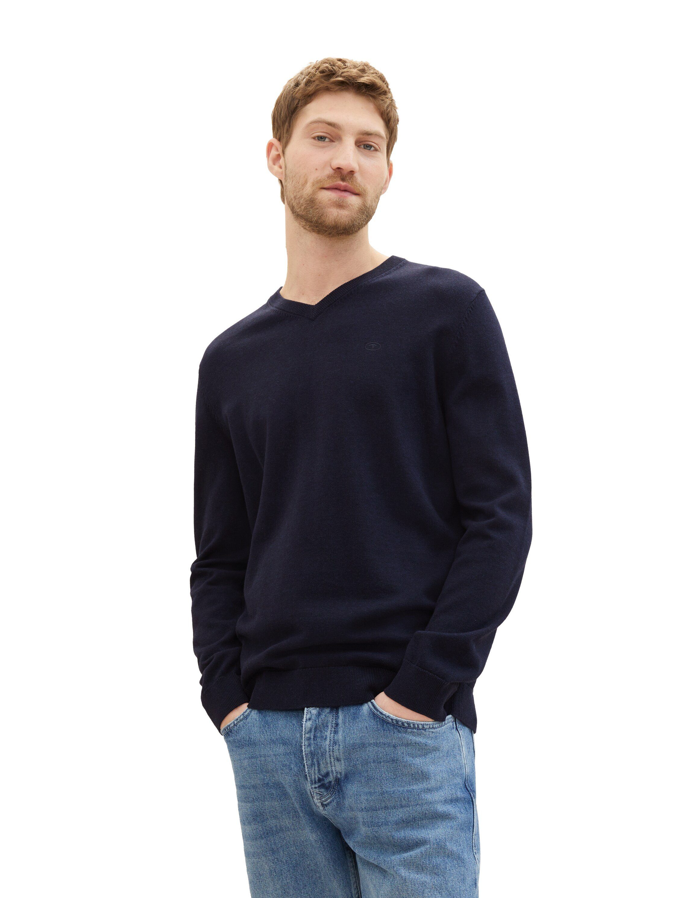 TOM TAILOR V-Ausschnitt-Pullover mit kleiner Logo-Stickerei