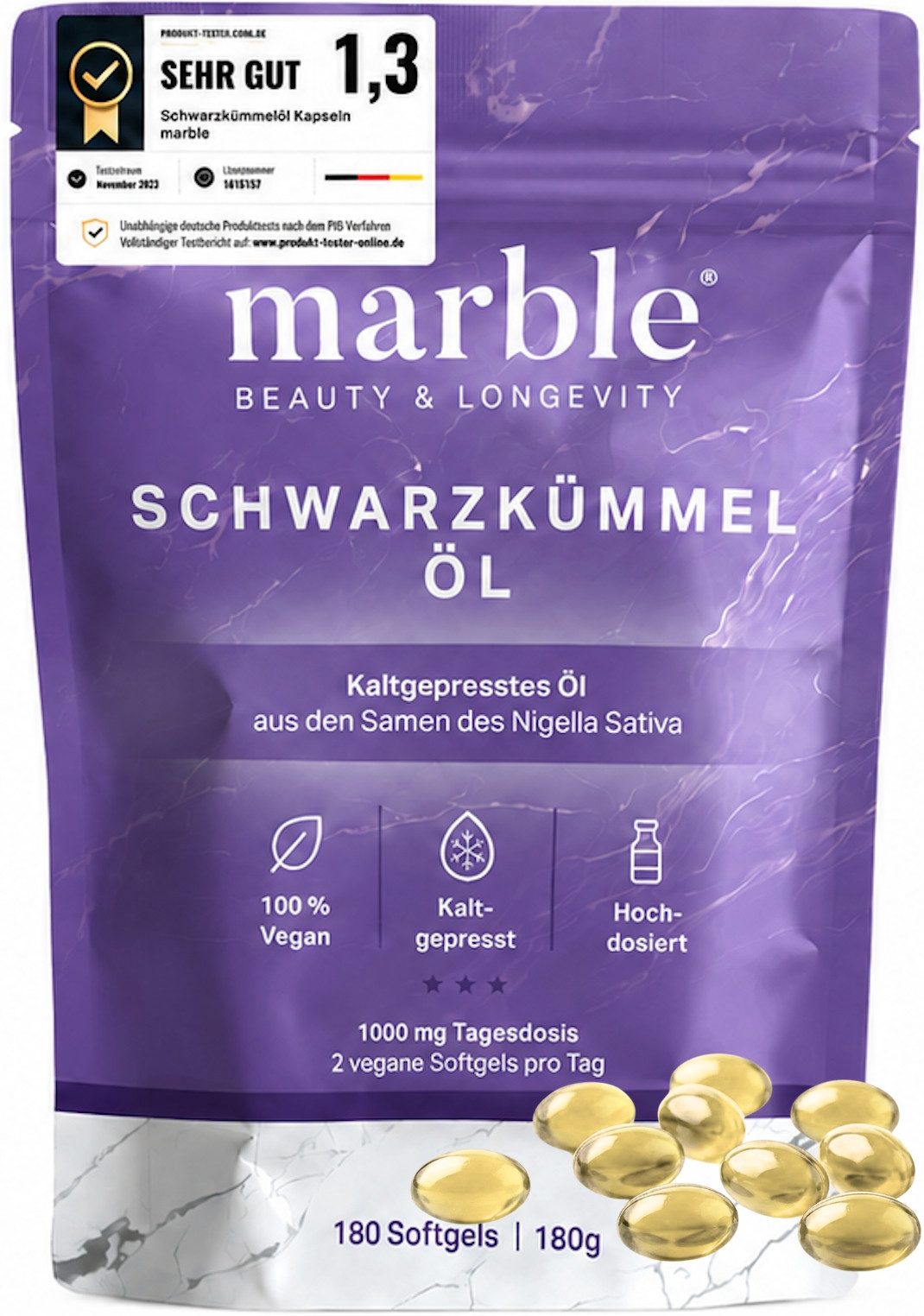 Marble Schwarzkümmelöl – 100 % kaltgepresst & hochdosiert + vegan - marble® Softgel Kapsel, 1 er 180 St., 180 g
