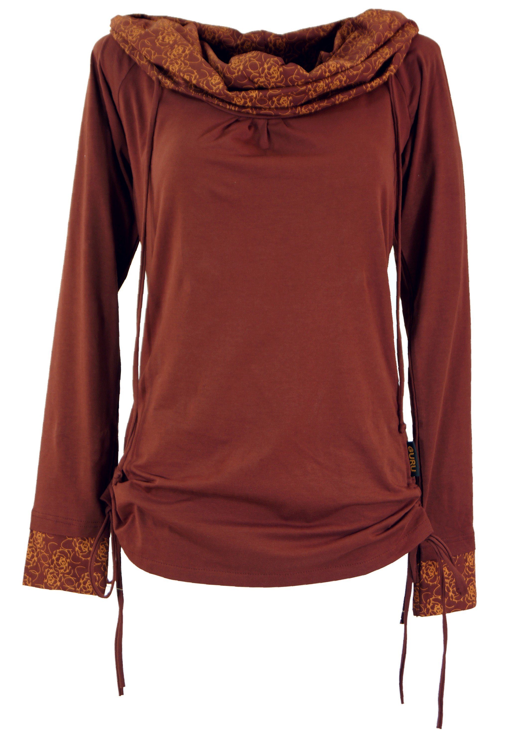 Guru-Shop Longsleeve Longshirt aus Bio-Baumwolle, Boho Shirt.. alternative Bekleidung dattelbraun/rostorange