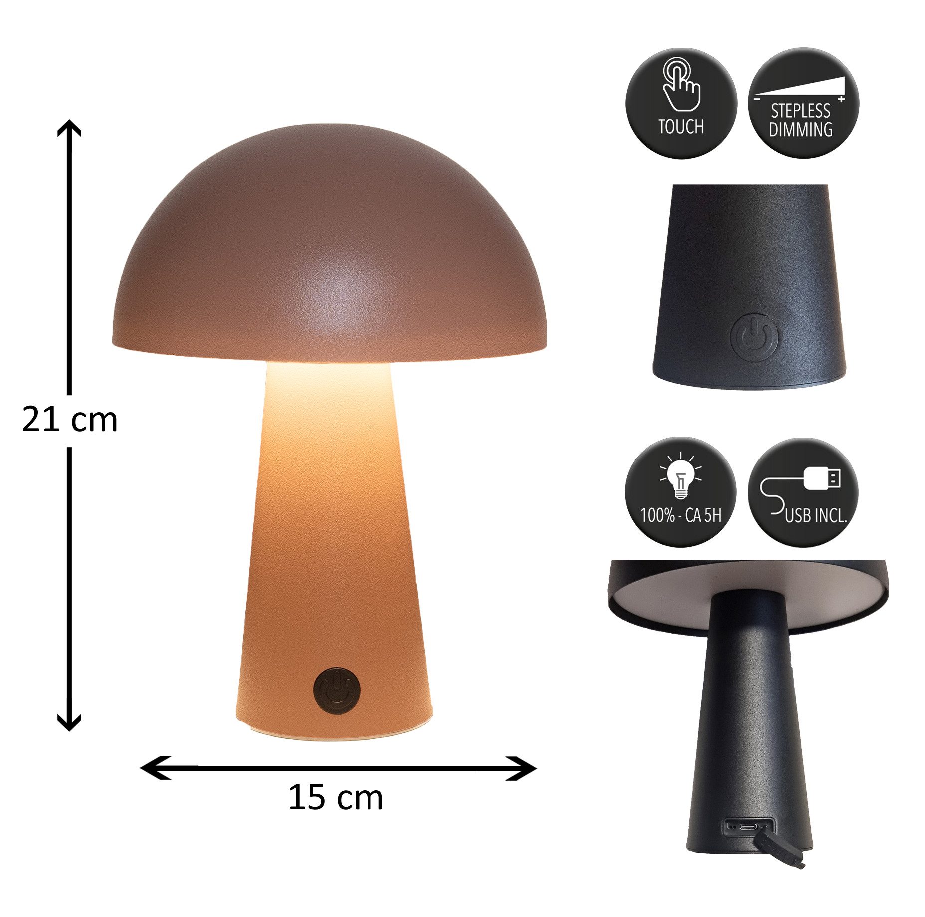 Coen Bakker Deco BV LED Außen-Tischleuchte Touch Tischlampe Pilzform Dimmbar Akku In-/Outdoor IP44, Touch-Funktion, LED fest verbaut, Kaltweiß, Warmweiß, Tageslichtweiß