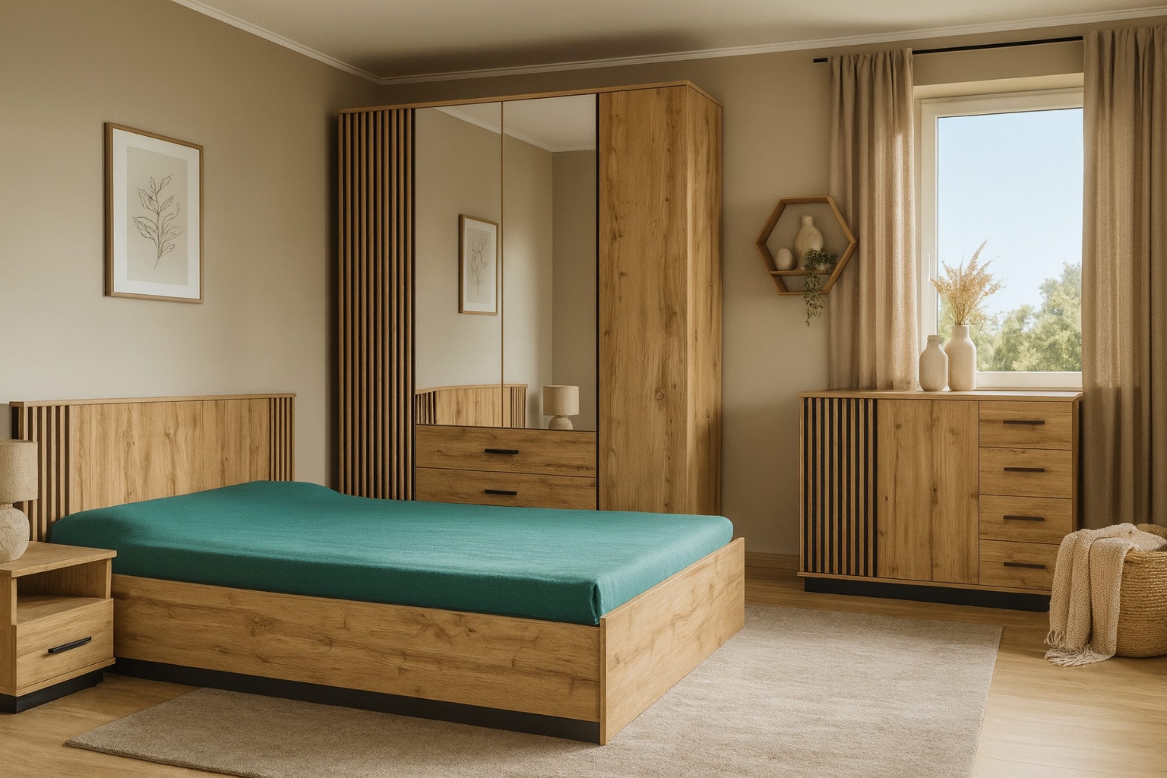 Deine Möbel 24 Komplettschlafzimmer LAMI D Schlafzimmer Möbelset in Wotan Eiche / Schwarz / Lamellen, (Modernes Design, Scandi, Industrial, Loft, 5-tlg., Viel Stauraum durch Schubladen, Bettkästen & großzügige Ablageflächen), Bett 160x200 mit Bettkasten, Kleiderschrank, Kommode & 2 Nachttische
