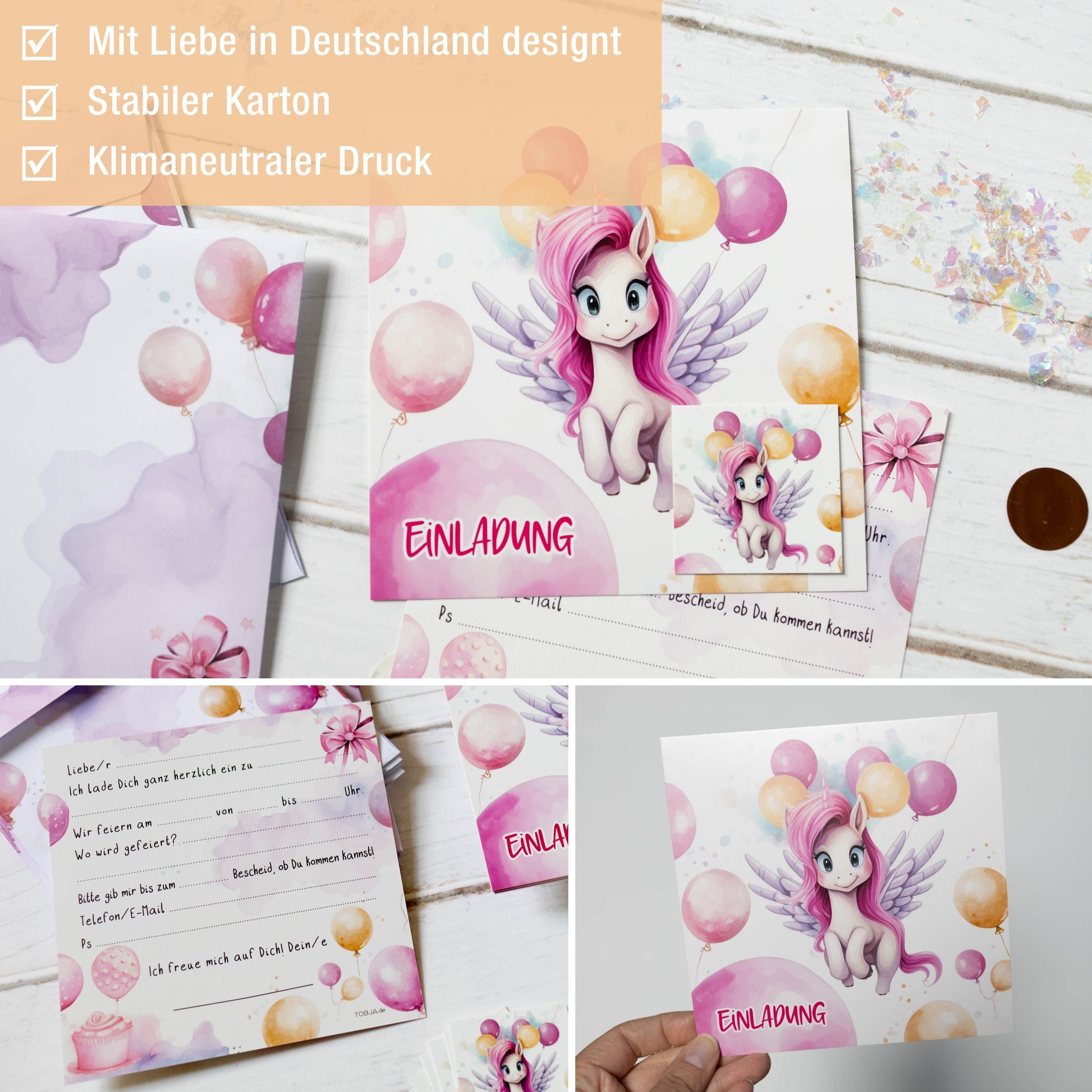TOBJA Einladungskarten 10 Einladungskarten Einhorn inkl Umschläge und Sticker, Kindergeburtstag Mädchen Geburtstag Einladung Kinder – Bild 4 von 5