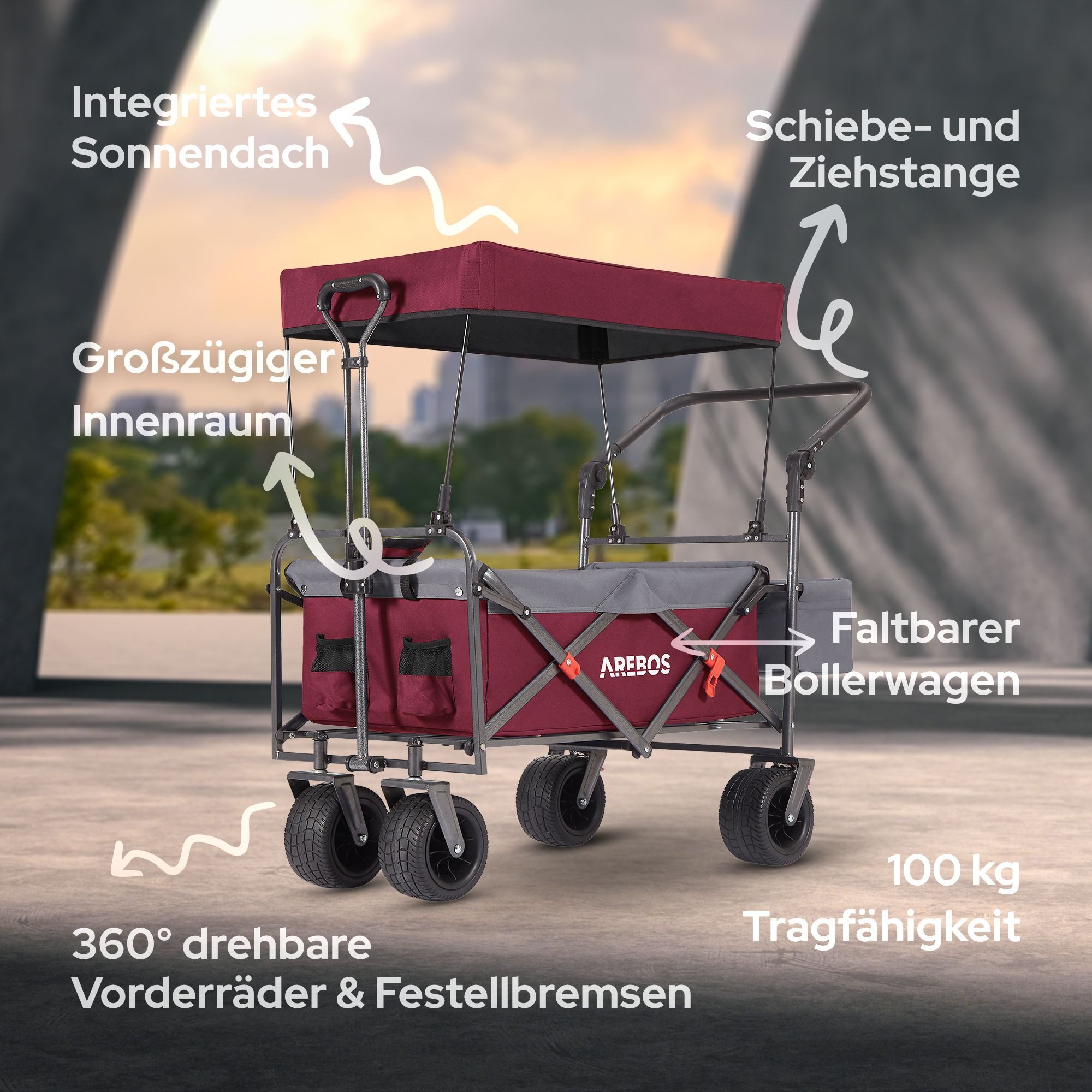 Arebos Bollerwagen faltbar mit Dach Handwagen 100 kg, wasser- & schmutzresistent (Rot/Grau), wasser- & schmutzresistent