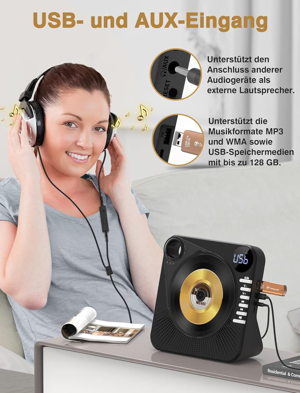AKKEE Tragbarer CD-Player mit Bluetooth, USB/AUX-Anschluss und LCD-Display CD-Player (Tragbarer cd Player für Zuhause)