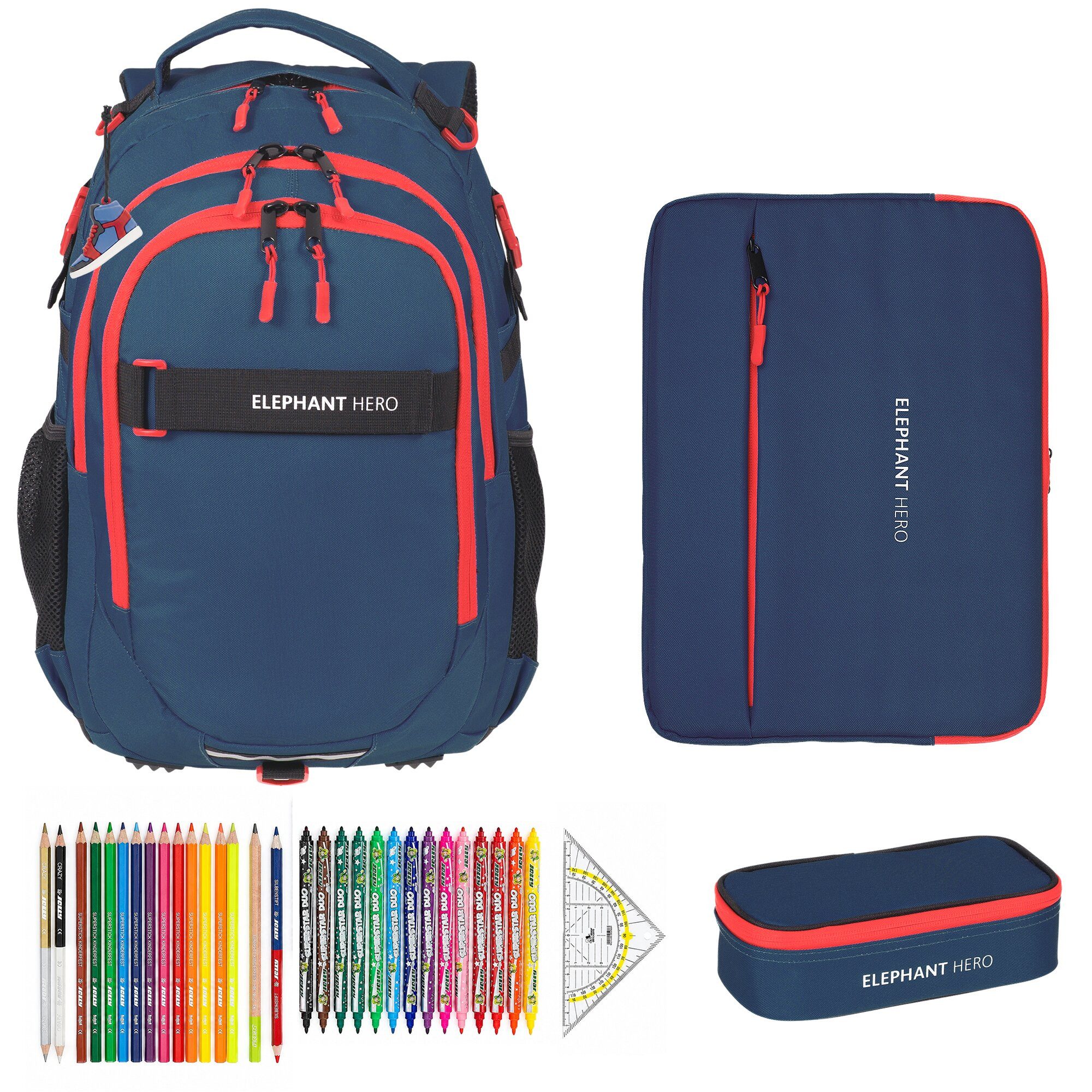 ELEPHANT Schulrucksack Hero Signature Schultasche Digital Ready Set (4 Teile Schulrucksackset, 4-tlg., inkl. Mäppchen Box + Laptop Hülle Sleeve + 31 Teile Stifte), Rucksack Schulmappe Jungen Mädchen +rmlv