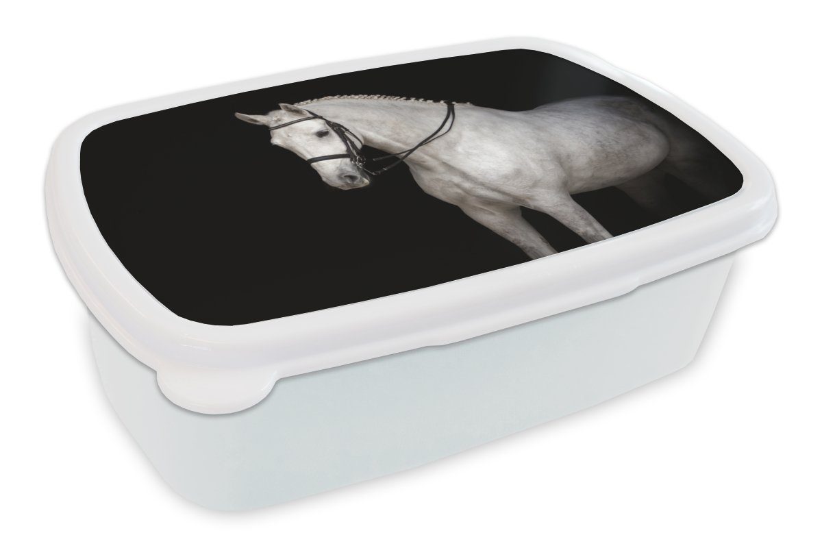 MuchoWow Lunchbox Pferd - Weiß - Schwarz, Kunststoff, (2-tlg), Brotbox für Kinder und Erwachsene, Brotdose, für Jungs und Mädchen