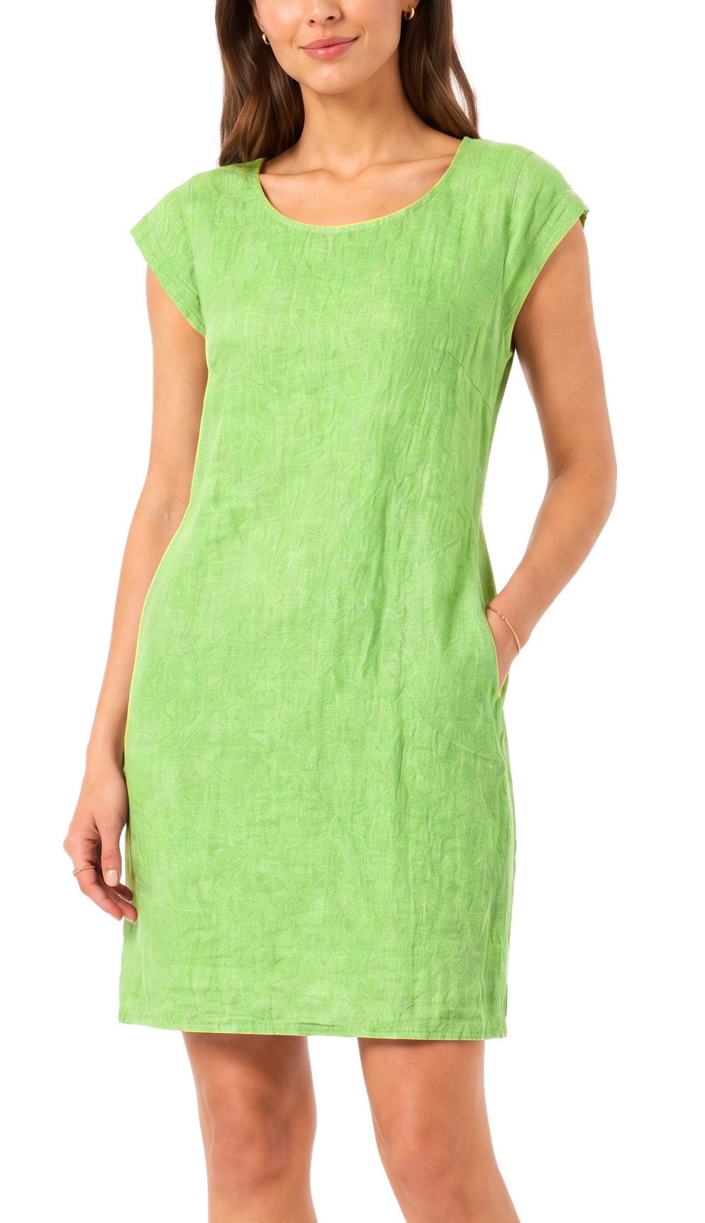 dy_mode Midikleid Einfarbiges Damen Leinenkleid Sommerkleid Kurzarm Midi Kleid in Unifarbe, mit Eingriffstaschen, leicht taillierte Passform