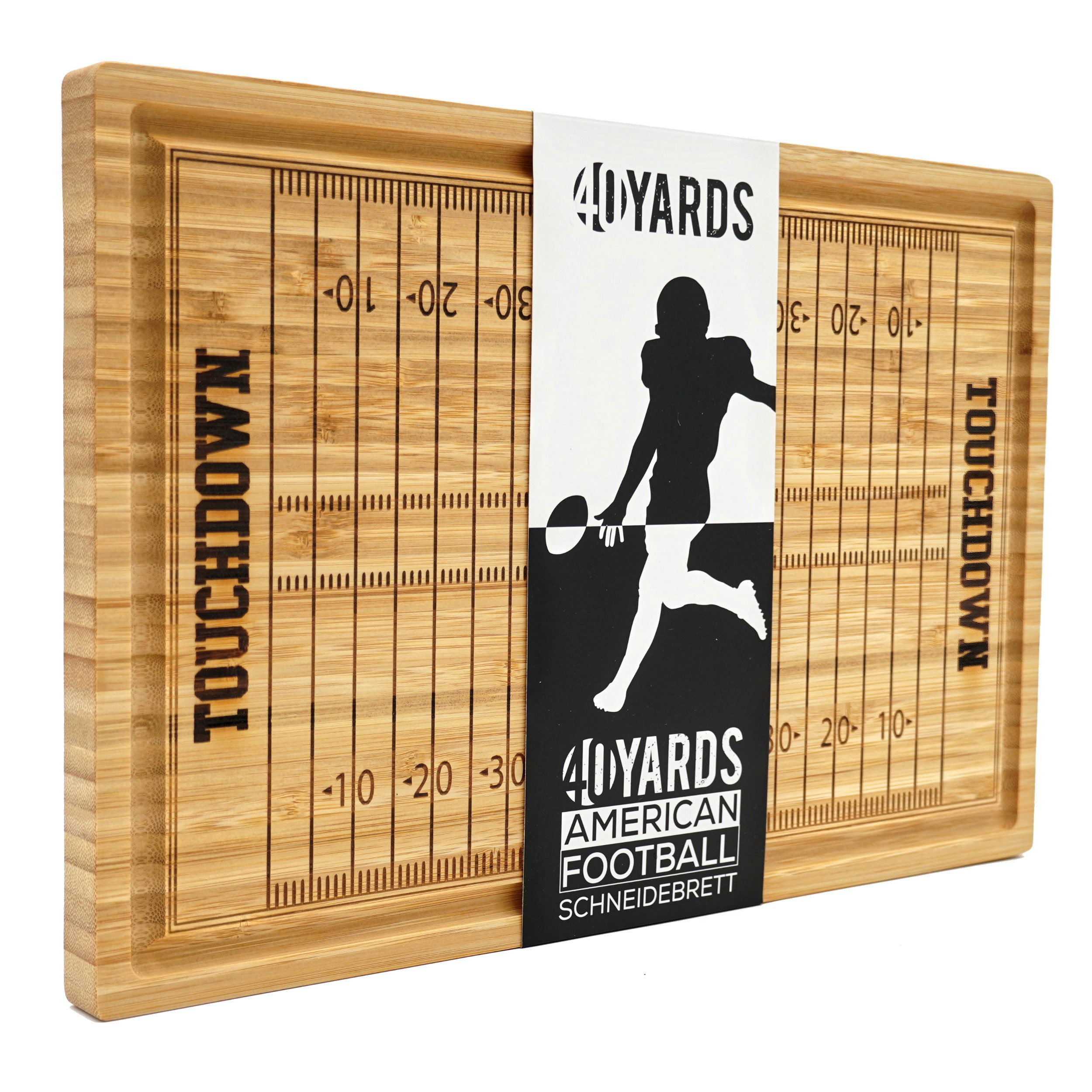 40YARDS Schneidebrett American Football Schneidebrett mit eingraviertem Football Spielfeld, Bambus Holz, (1-St), (38 x 25 x 2 cm) - mit Saftrille für Fleisch & Gemüse